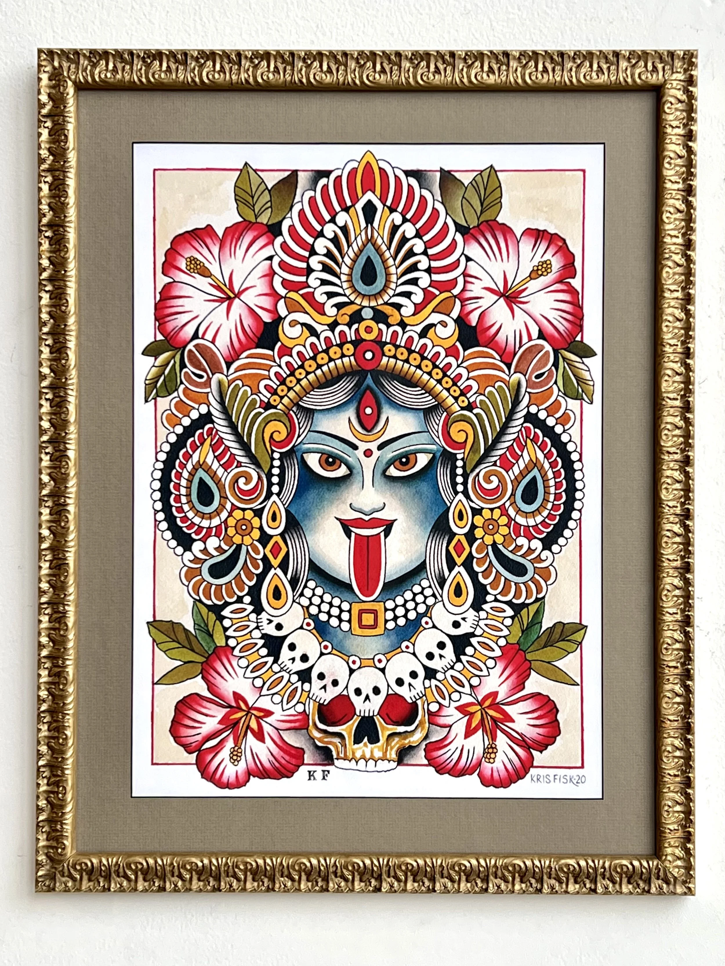 vintage style 1940s tattoo flash design kali Indian god picture frame