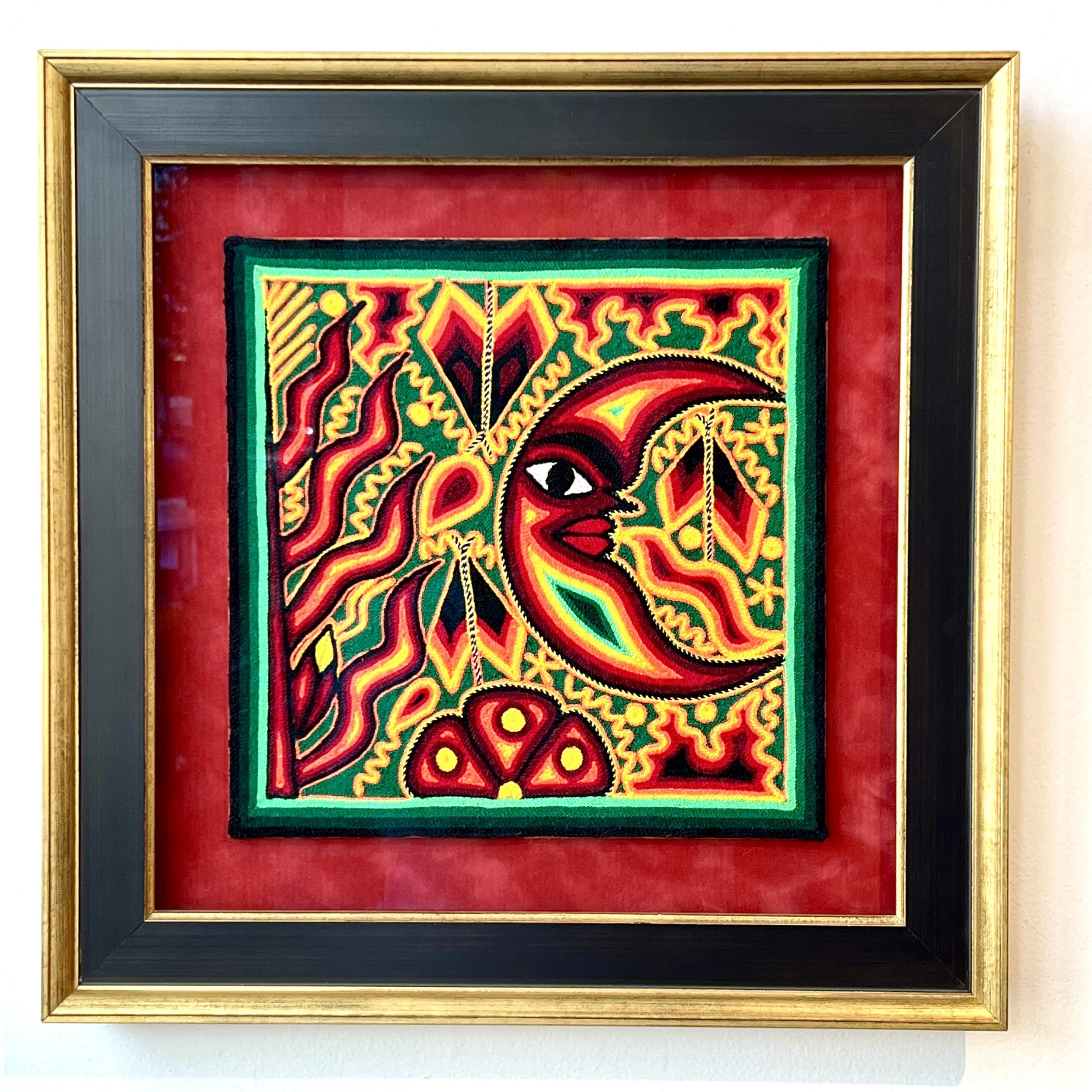 framed vintage nierika yarn art by Huichol Indian people tribe of central Mexico shaman peyote lunar moon colorful psychedelic