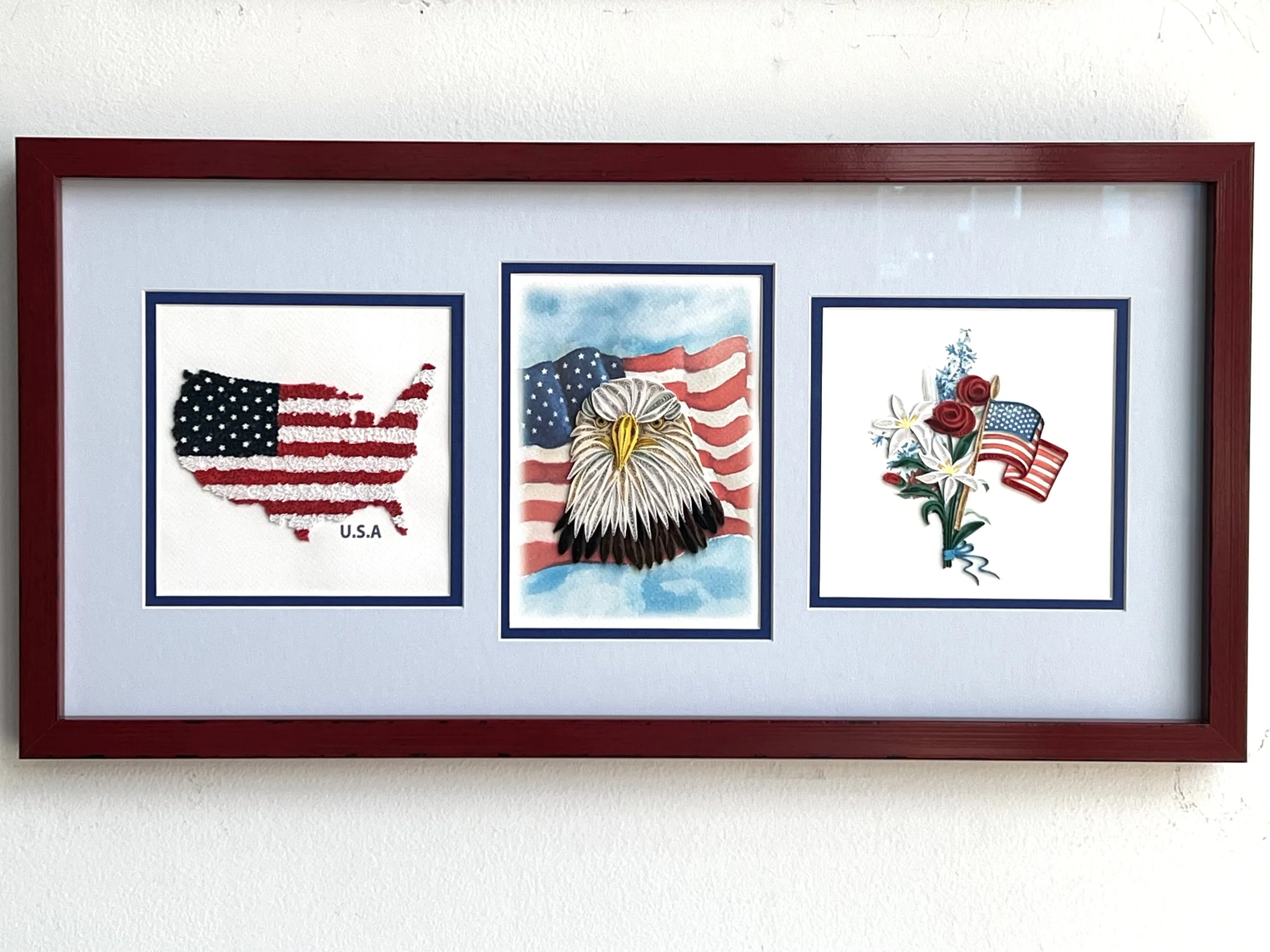 framed trio of American patriotic themed quill art designs use flag country shape eagle bouquet red white blue flowers