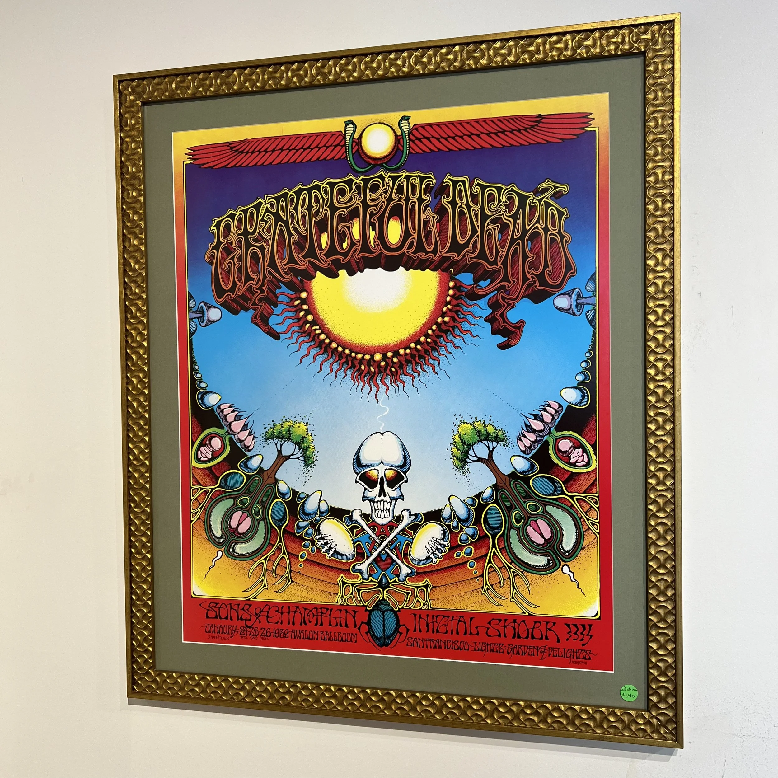 framed vintage psychedelic music concert gig poster by artist rick griffin for a 1967 performance by the Grateful Dead in san francisco
