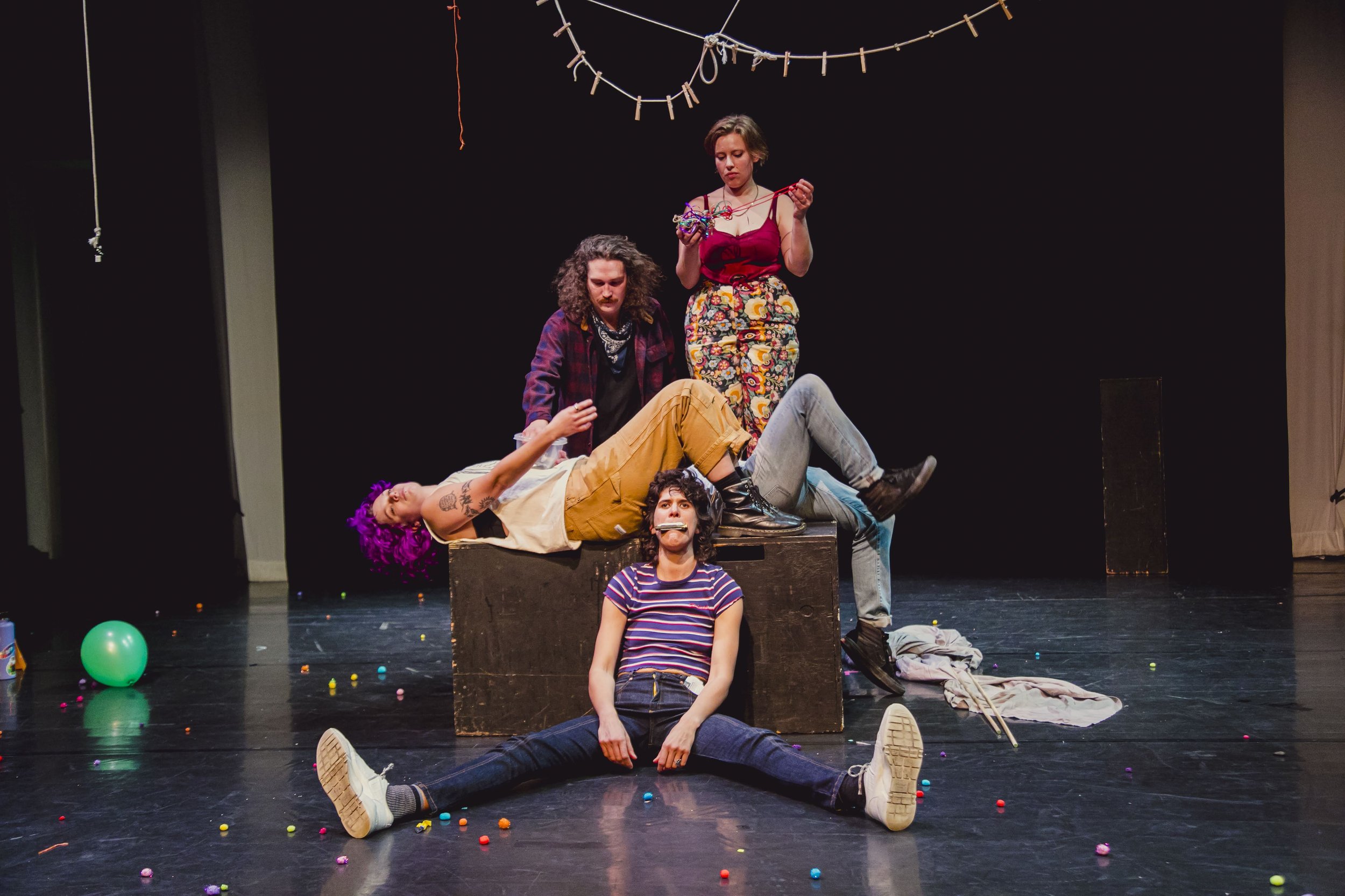 (front to back, L to R) Geulah Finman, jeb, Sam Bertken, Willie Caldwell, and Hannah Cantor in "I contain, or, how to be a living creature"
