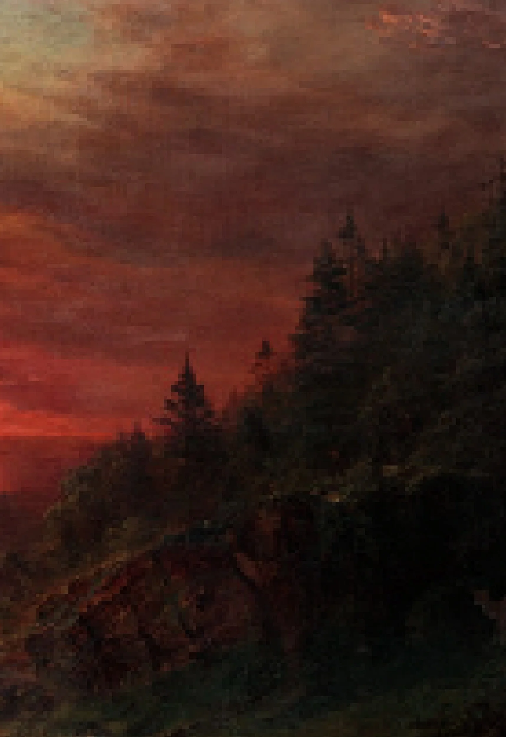 A sunset sky with red and orange clouds over silhouetted pine trees and rocky terrain.