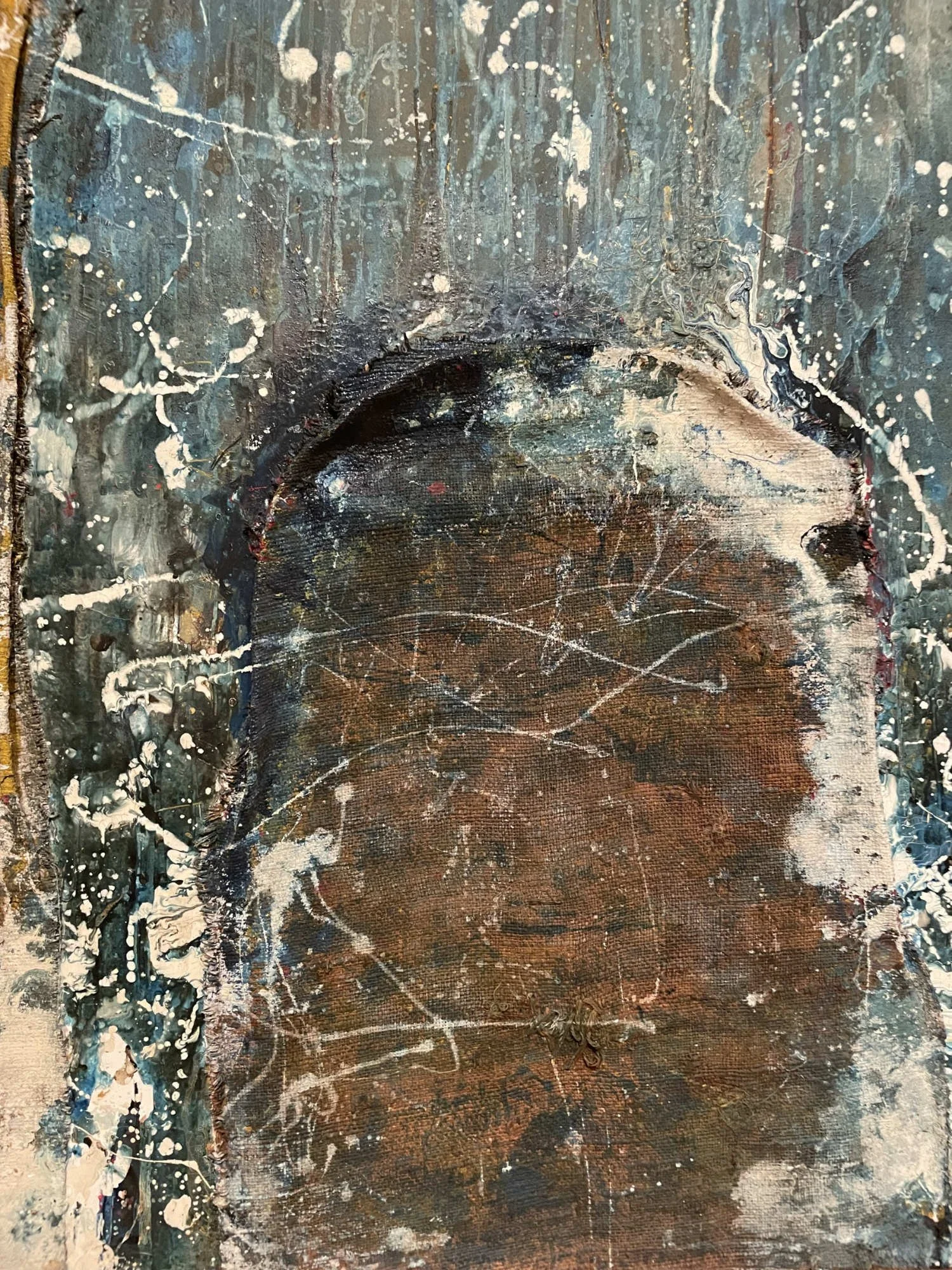  Tsuyoshi Maekawa,  Two Junctions  (1962) - abstract mixed-media painting with a stitched, folded burlap form on a blue-gray surface splattered with white paint. 