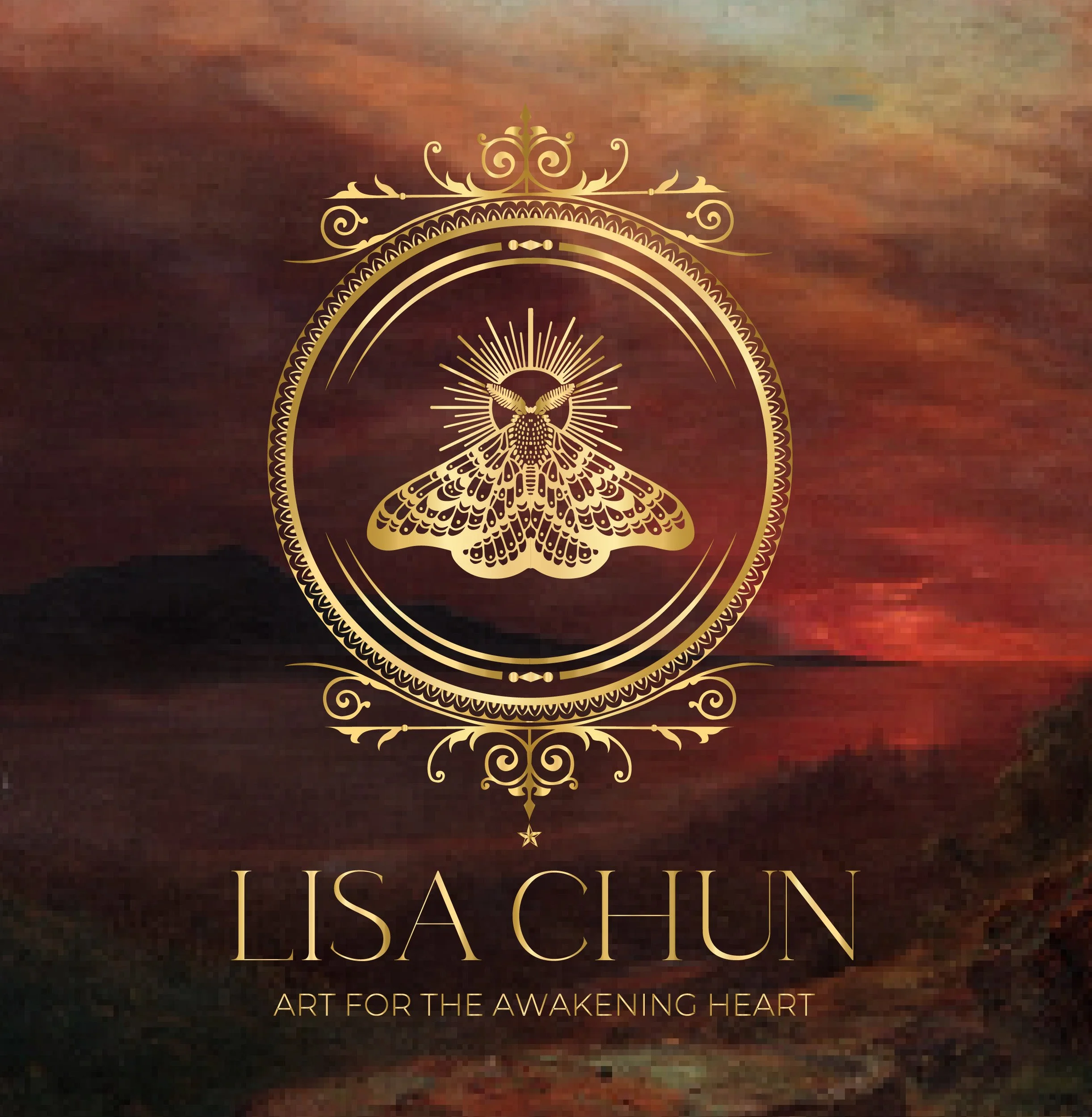 A gold ornate emblem featuring a moth with sunburst and halo elements, over a dark, sunset background, with text 'LISA CHUN' and 'ART FOR THE AWAKENING HEART' beneath.