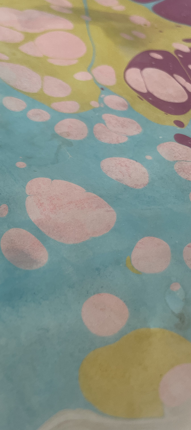 Close-up of a colorful abstract pattern with pink, green, yellow, purple, and blue circular shapes.
