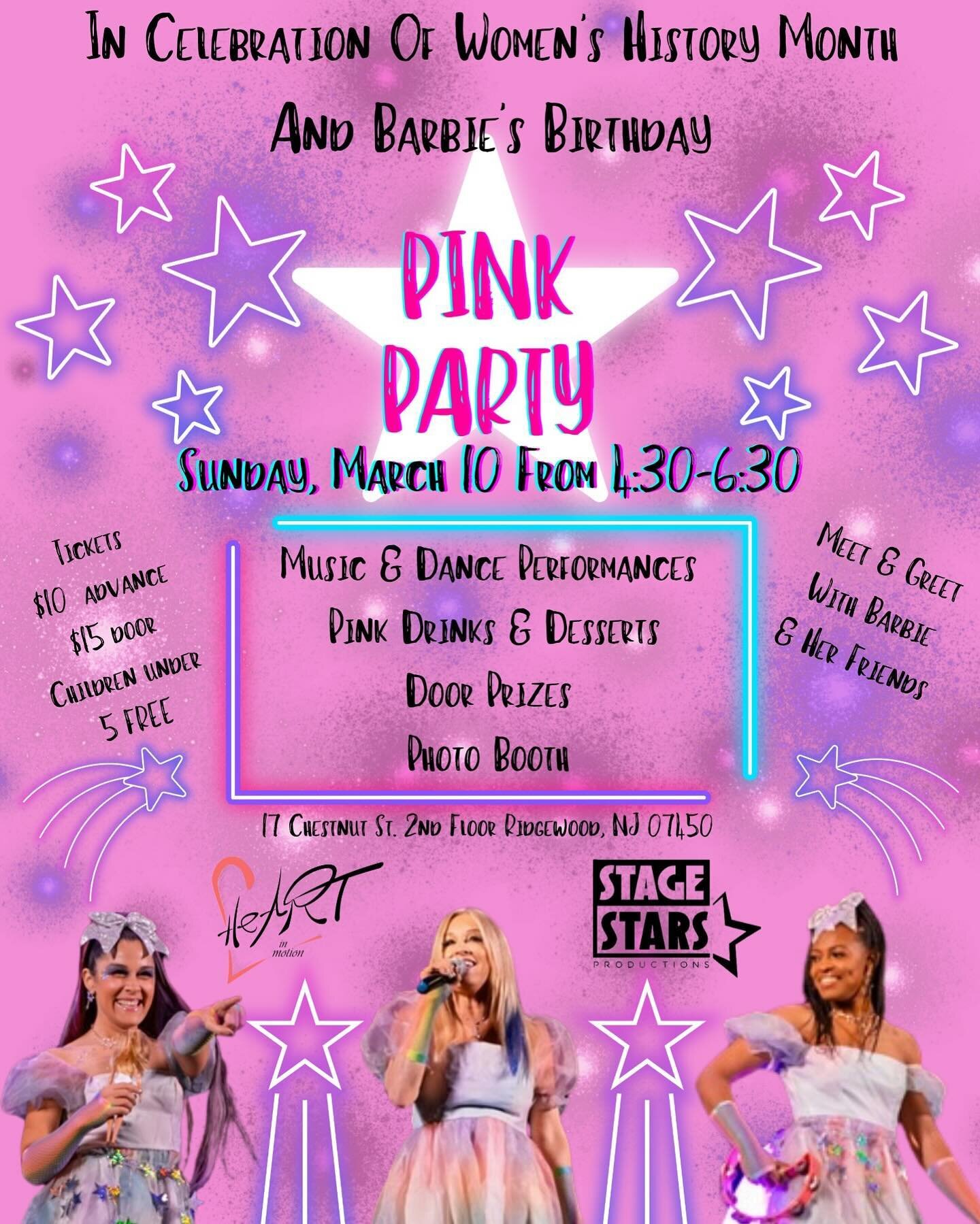 Join us Sunday for a &ldquo;Pink Party&rdquo; including music &amp; dance performances, in celebration of Women's History Month and Barbie's Birthday! There will be a drinks, desserts, prizes, and a magical Meet &amp; Greet with Barbie and her friend