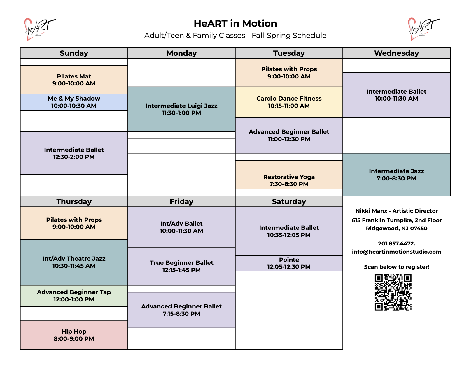 Weekly Schedule of Fall Adult Classes