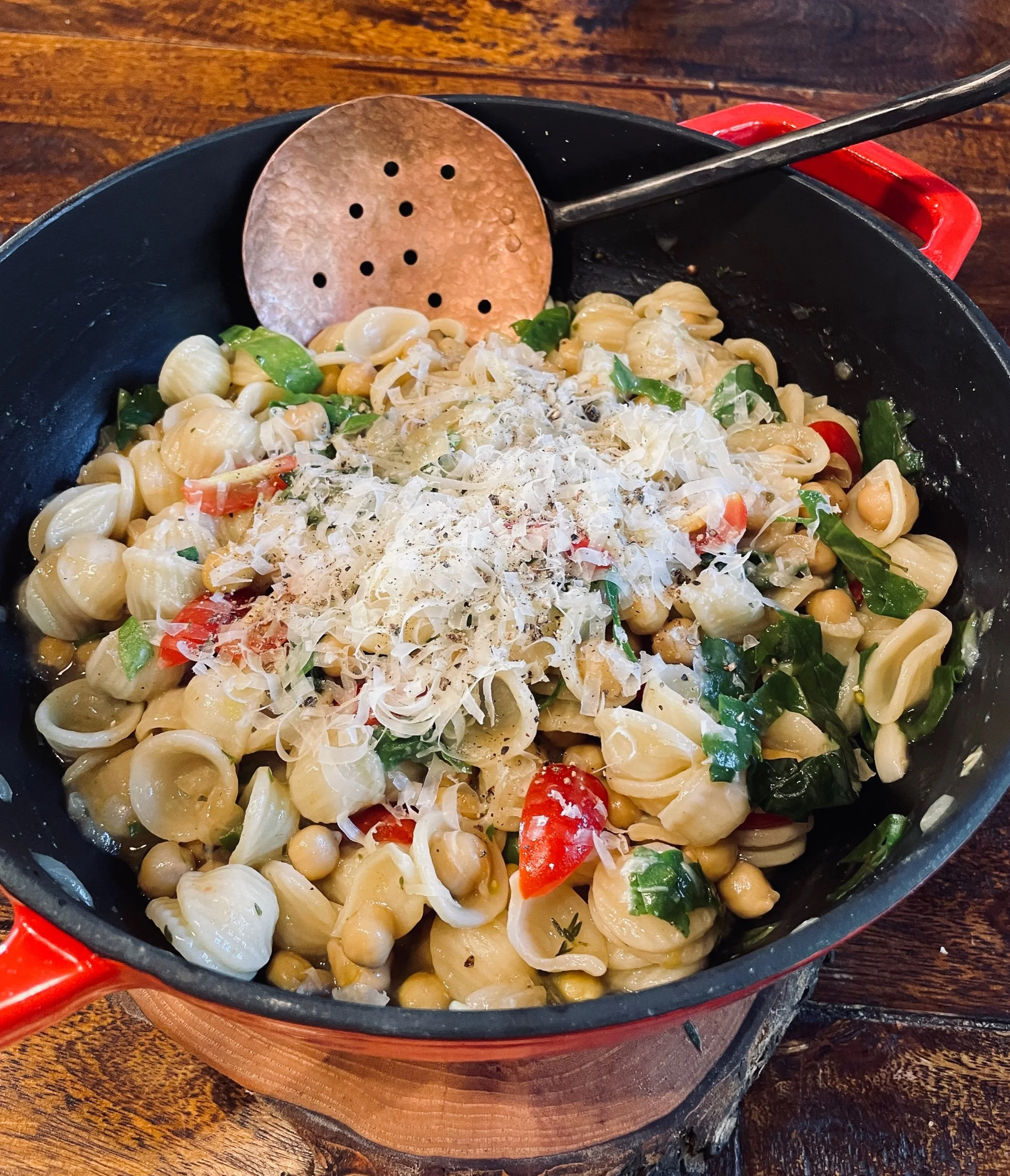 Recipe #1 Orecchiette with chickpeas, tomato, and spinach