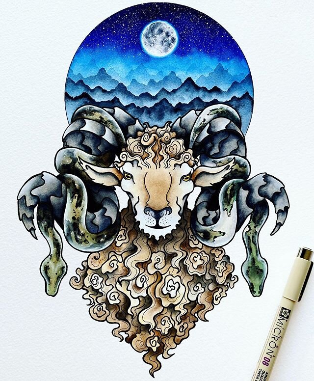 This has turned into one of my favorite paintings I have ever done!! ✨🐏🐍 This piece took me around 15 hours to complete, with around 4 hours of that sketching and drawing it out. I&rsquo;ve had this idea in my head since I visited Colorado last mon