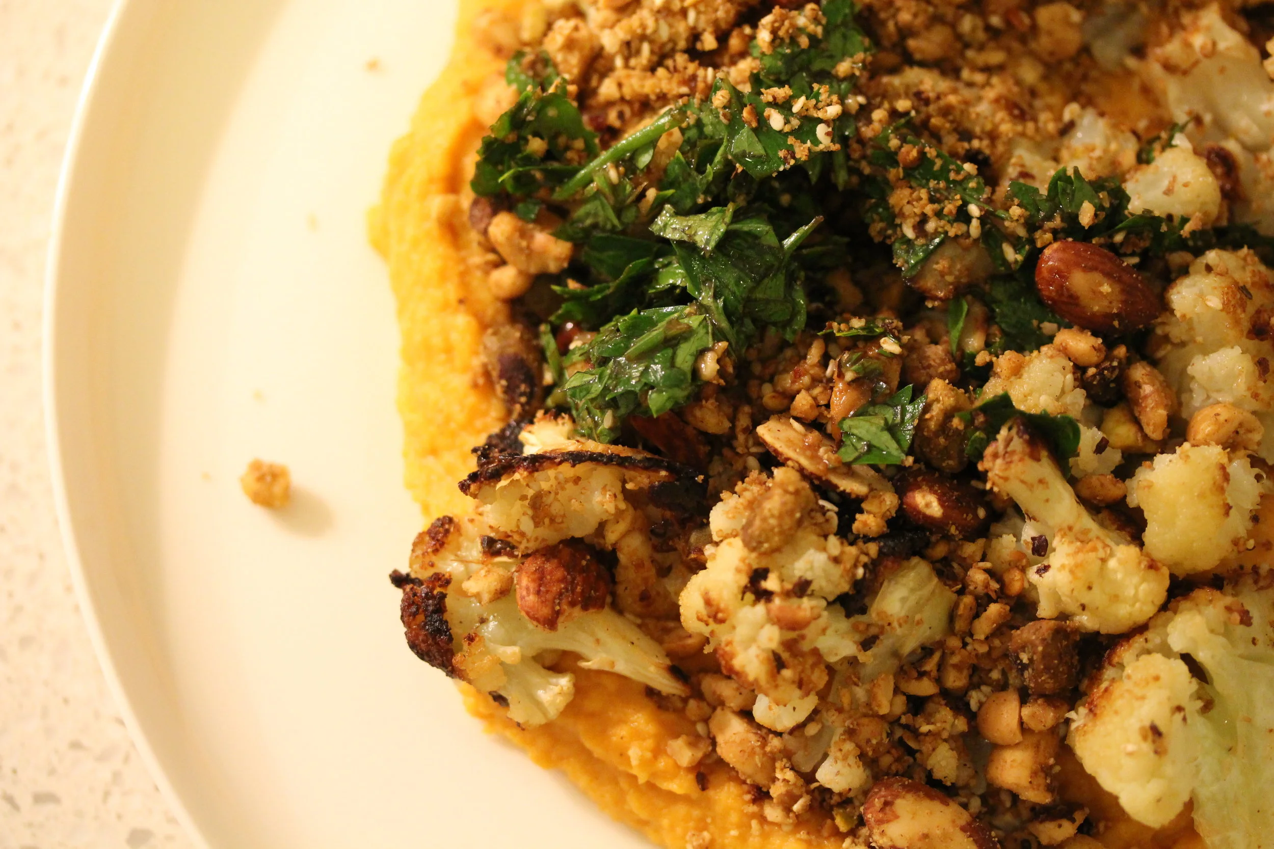 ROASTED CAULIFLOWER W-SWEET POTATO HUMMUS