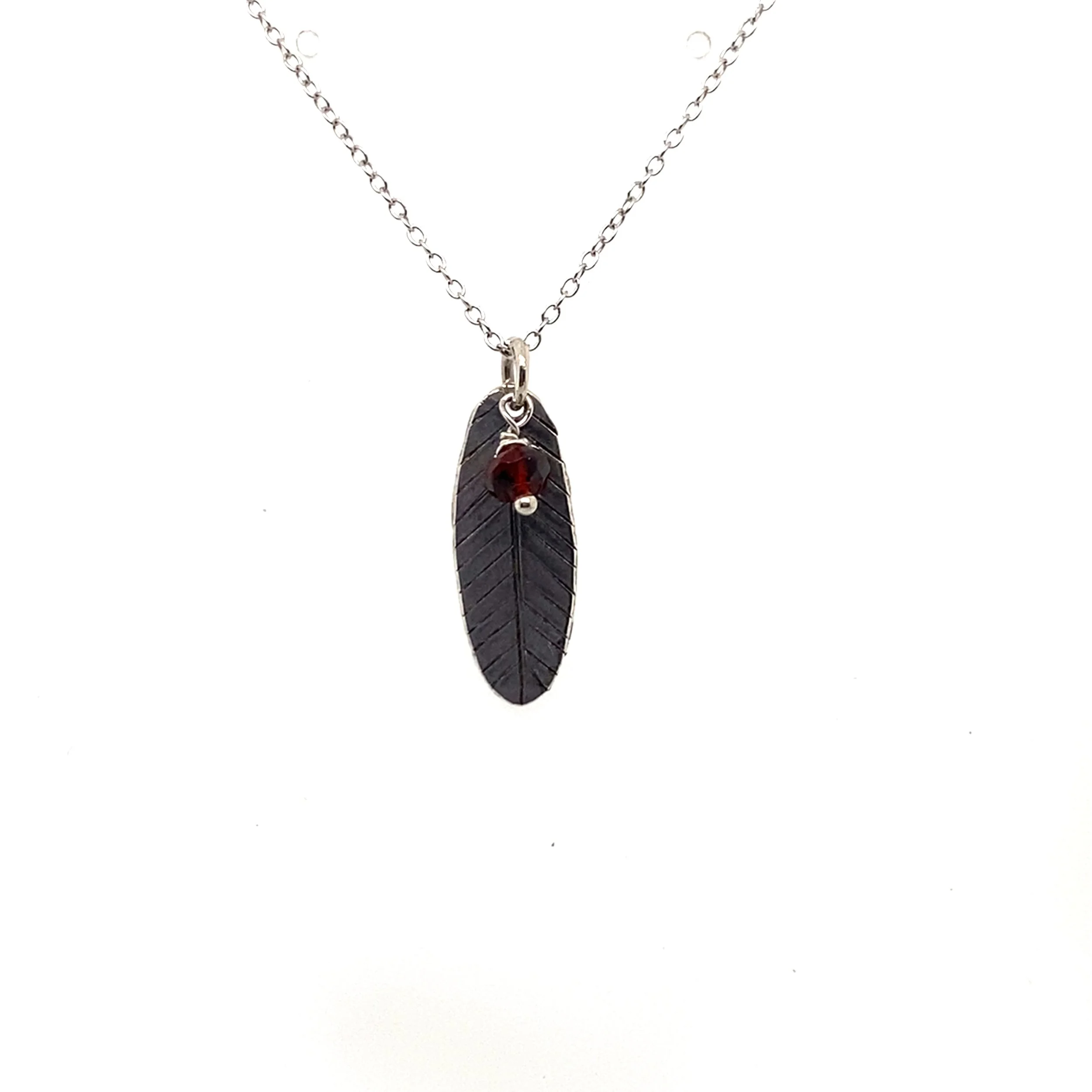 Sterling Leaf Drop Pendant with Garnet Bead
