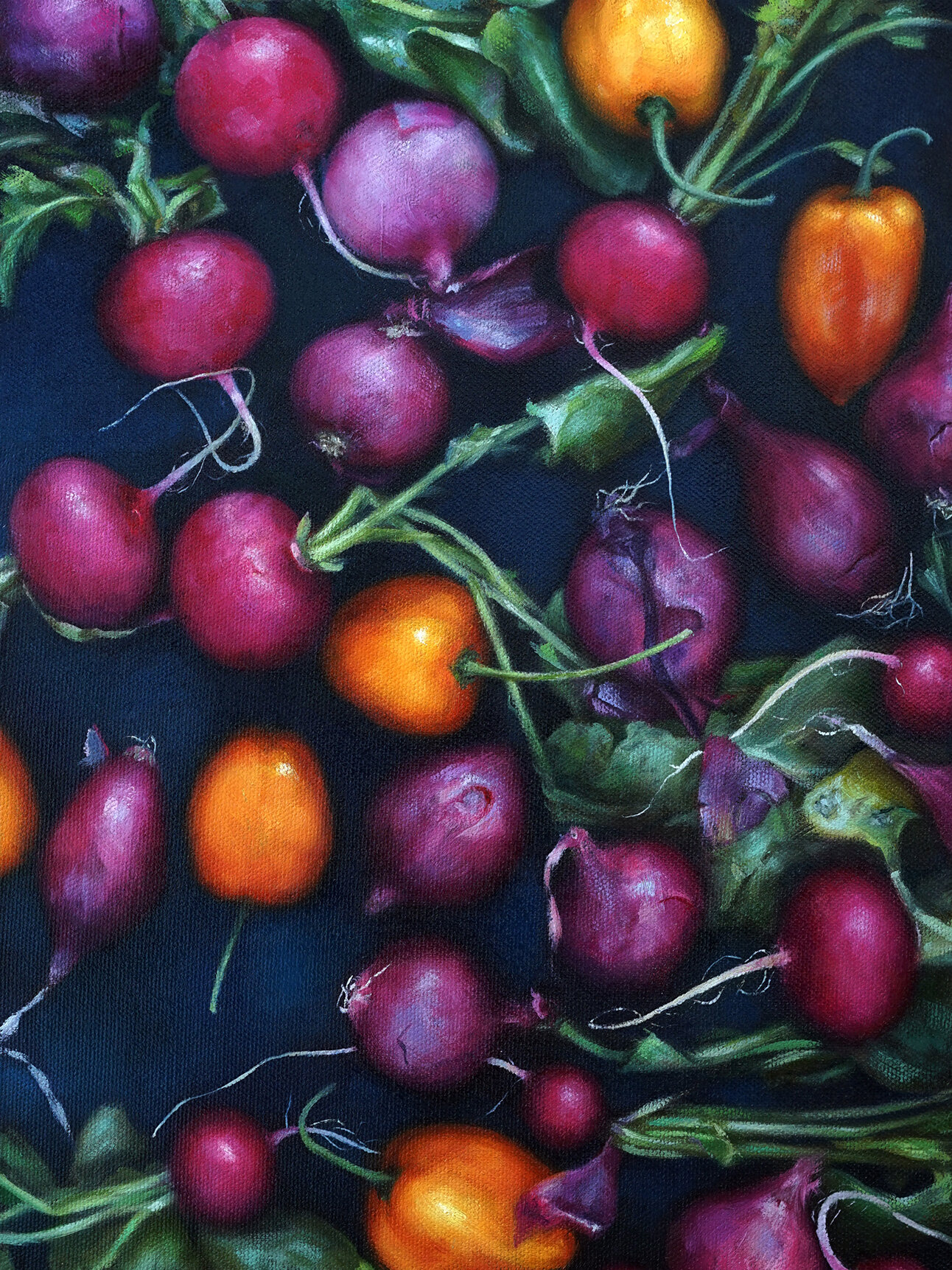   ONIONS, RADISHES, HABANEROS  oil on canvas 12” x 9” 2019 