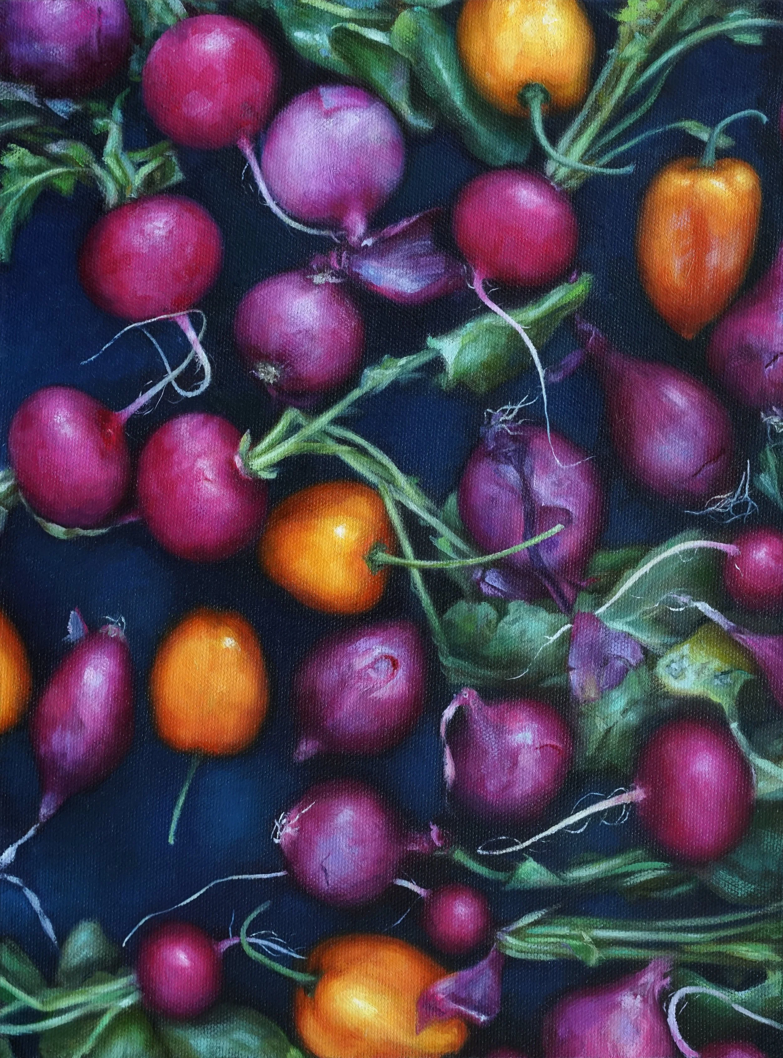   ONIONS, RADISHES, HABANEROS  oil on canvas 12” x 9” 2019 