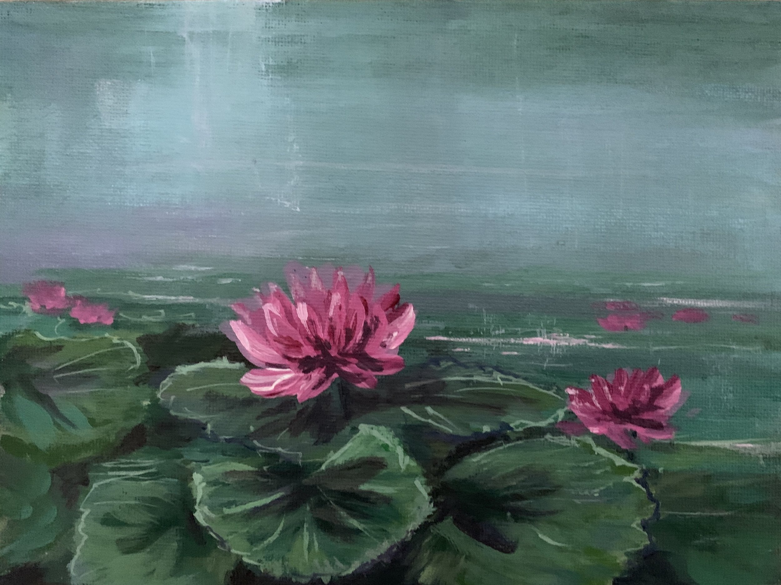 WATER LILIES     ACRYLIC ON CANVAS PANEL  6”X8”     $195.00  +tax