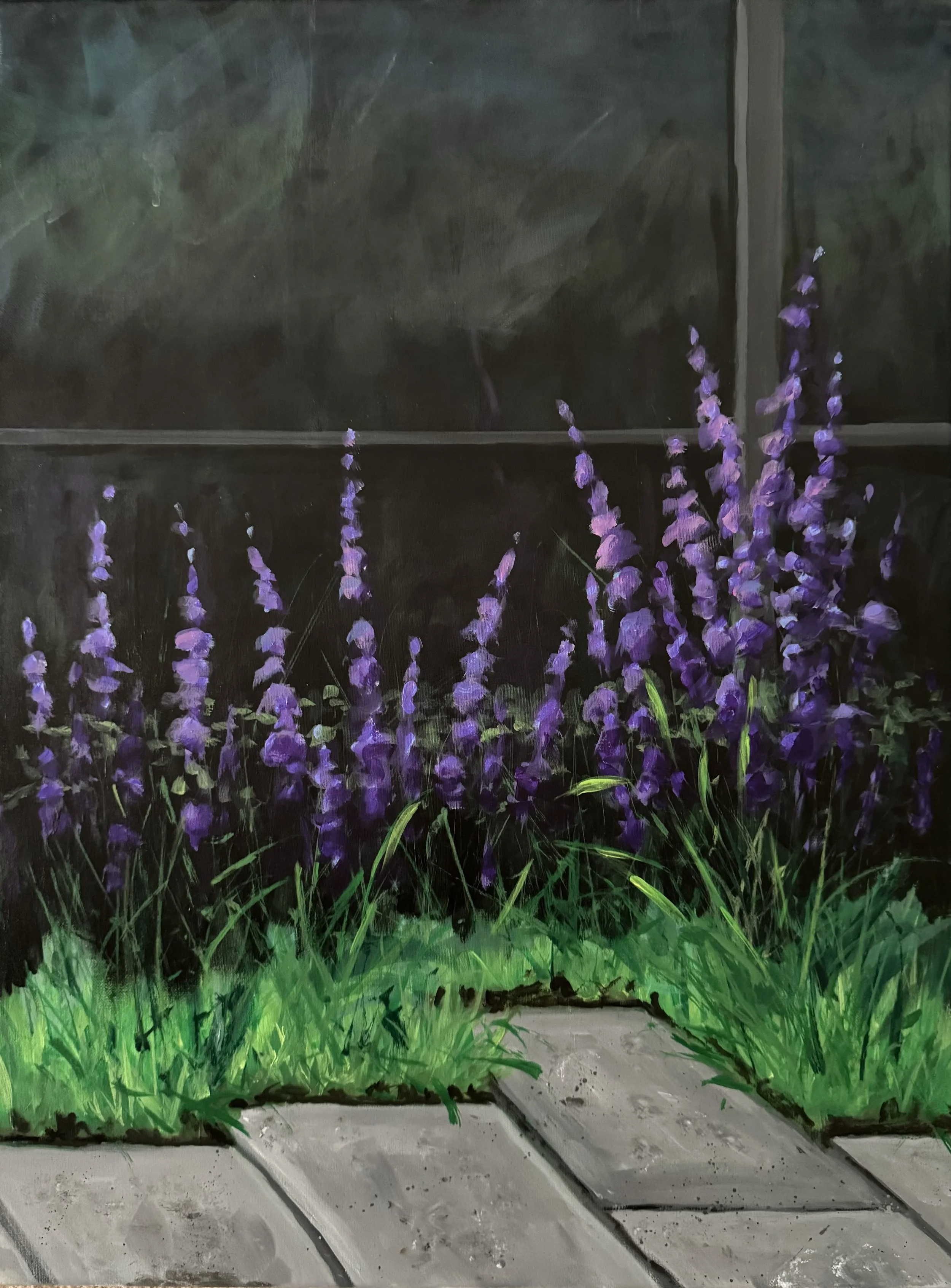 WALKWAY WITH PURPLE FLOWERS    ACRYLIC   18X24    $325