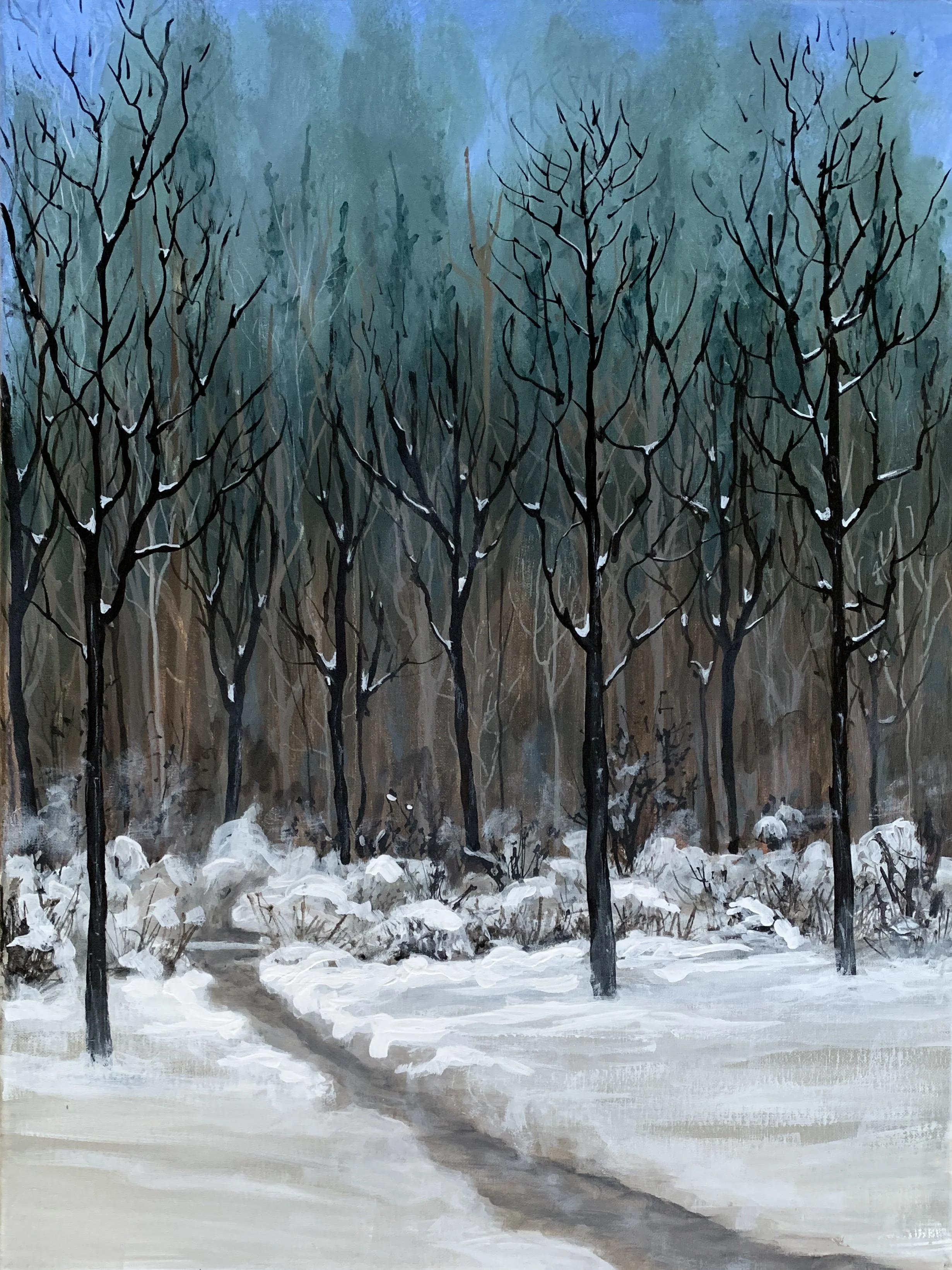 INTO THE WOODS - WINTER   ACRYLIC     18X24       $400