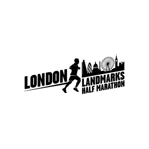 Logo for the London Landmarks Half Marathon featuring a runner silhouette and London skyline including the London Eye and Big Ben.