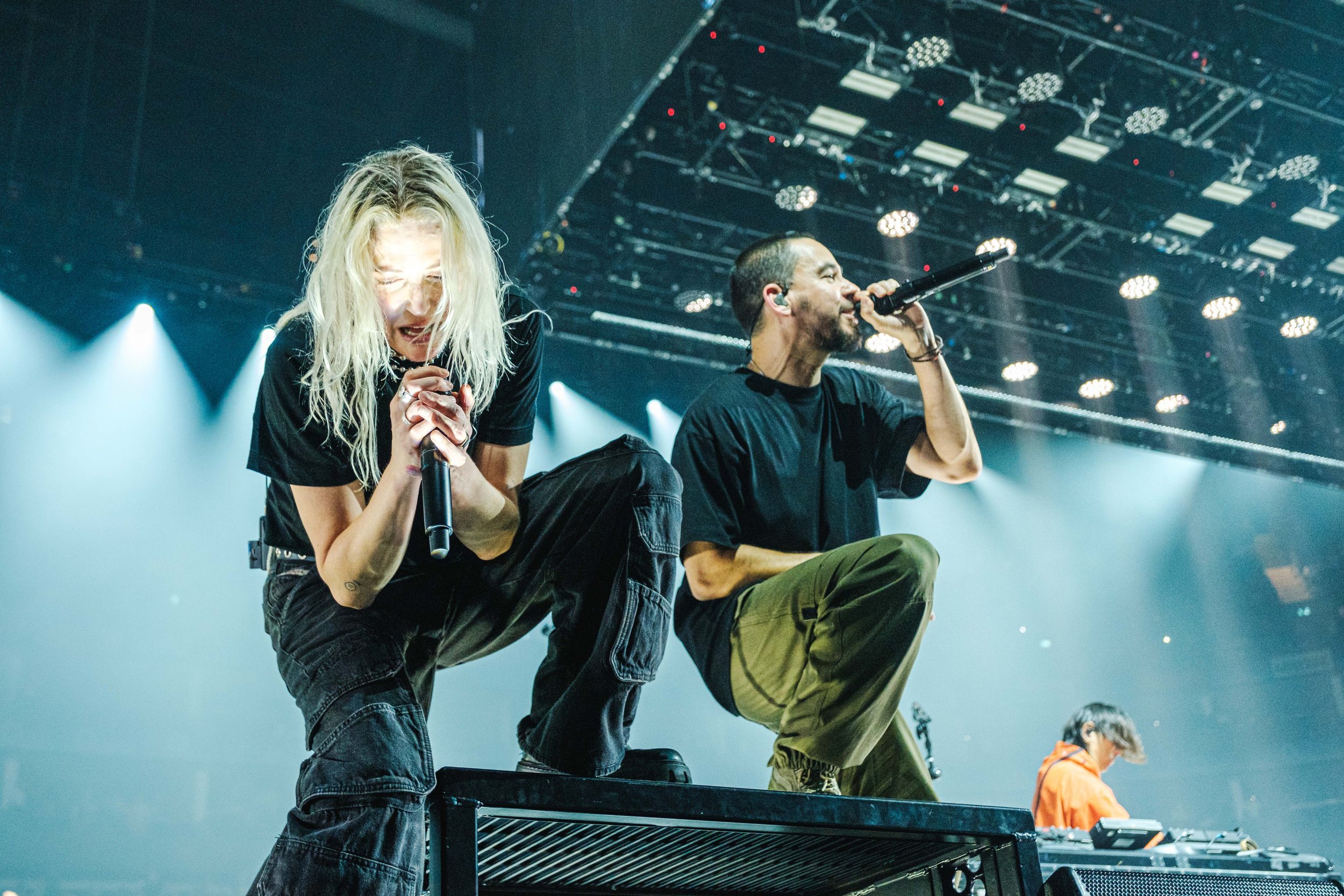 Emily Armstrong and Mike Shinoda of Linkin Park perform live on stage at the O2 Arena during the From Zero Tour.