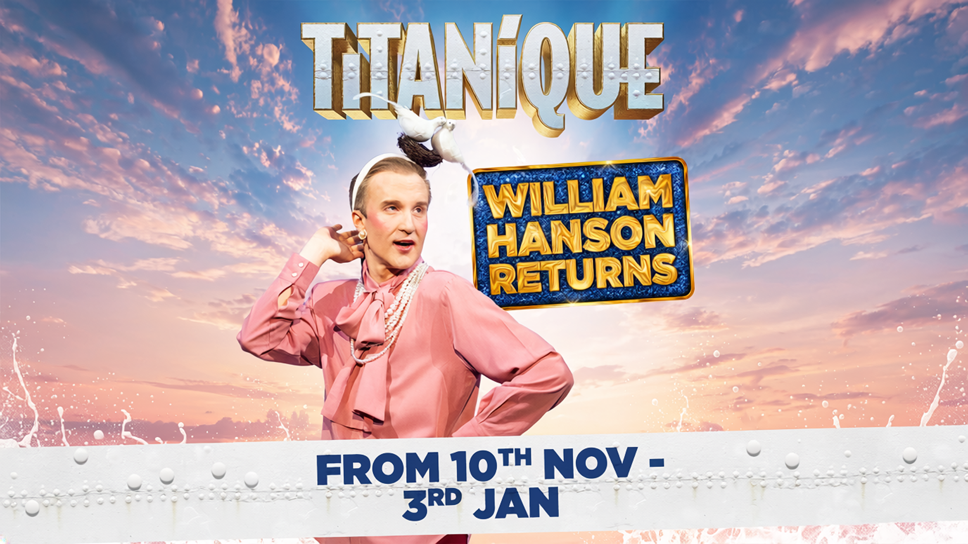 Poster for the movie 'Tianque William Hanson Returns' featuring a person with short hair in pink clothing, wearing pearls, and a headband, with a cloudy sunset sky background and two birds.