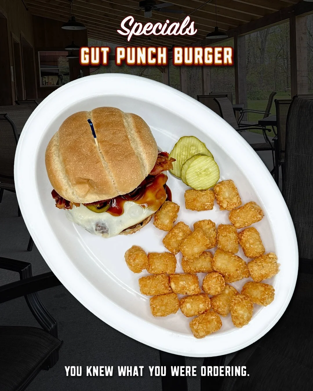 Some burgers ease you into lunch.

The Gut Punch Burger skips the introductions.

A seasoned burger topped with smoked mozzarella, crispy bacon, jalape&ntilde;os, and citrus BBQ sauce, all piled onto a toasted bun with your choice of side.

It&rsquo;