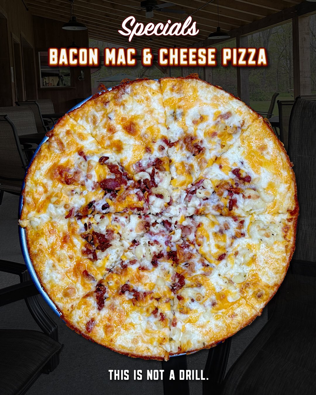 Mac &amp; cheese pizza.

Yes, that is exactly what it sounds like.

Mac &amp; cheese sauce, mac &amp; cheese, Monterey Jack cheese, and bacon all stacked onto one pizza that clearly had no interest in being reasonable.

It&rsquo;s rich, cheesy, bacon
