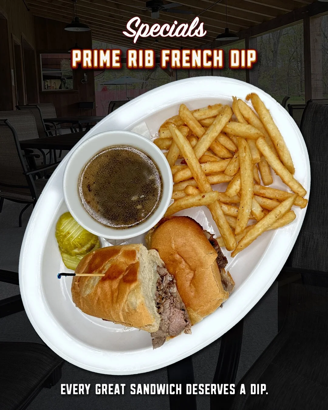 Some sandwiches are good.

Some come with their own au jus.

Our Prime Rib French Dip is stacked with shaved prime rib, melted Swiss cheese, and served on a toasted hoagie roll with a rich side of au jus that&rsquo;s made for dipping every single bit