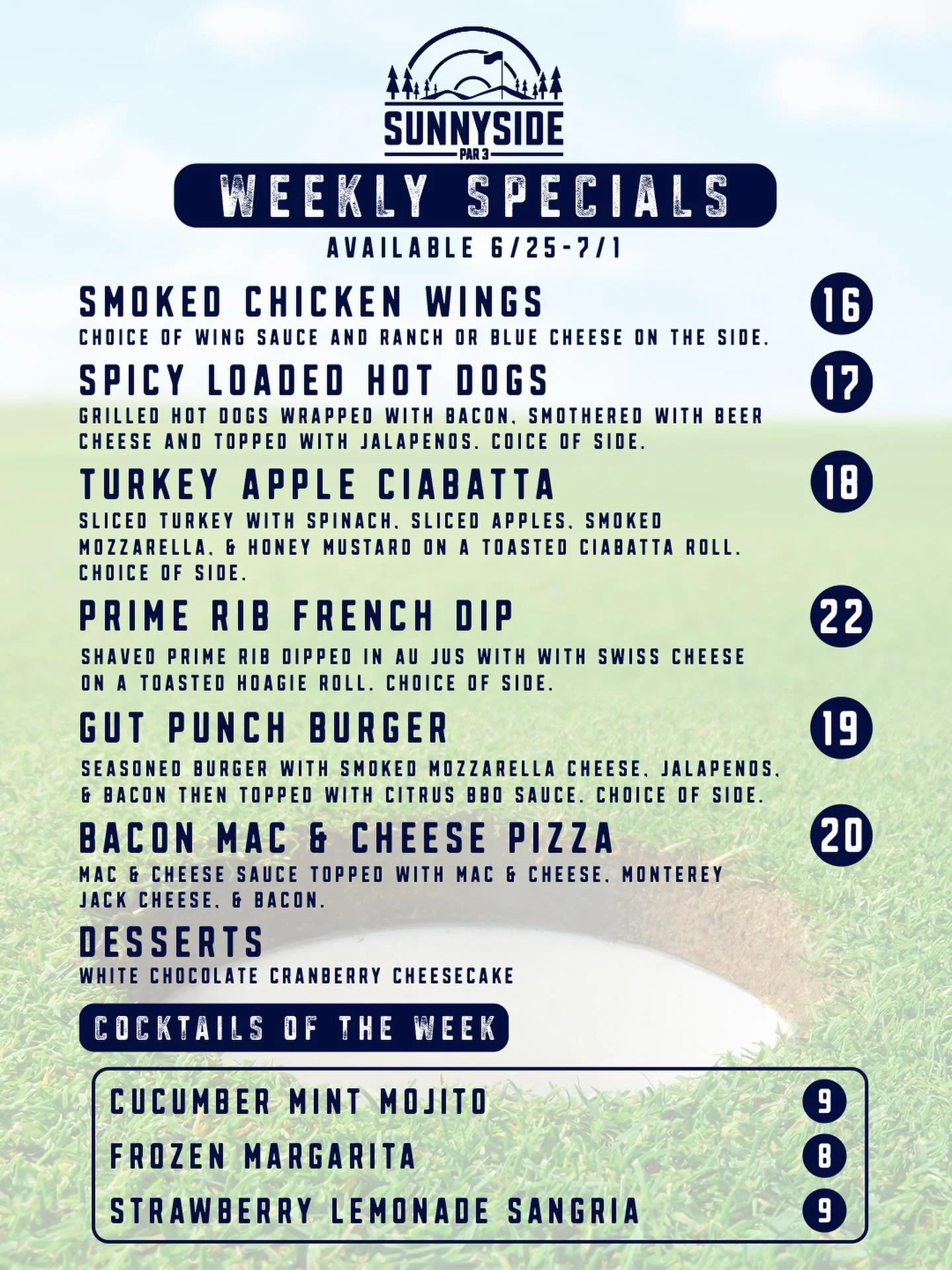 Fresh week, fresh specials. ⛳

The menu just got a new lineup, and there&rsquo;s plenty to be excited about:

🌶️ Spicy Loaded Hot Dogs (because ordinary hot dogs had a good run)
🦃 Turkey Apple Ciabatta (sweet, smoky, and ridiculously good)
🥩 Prime