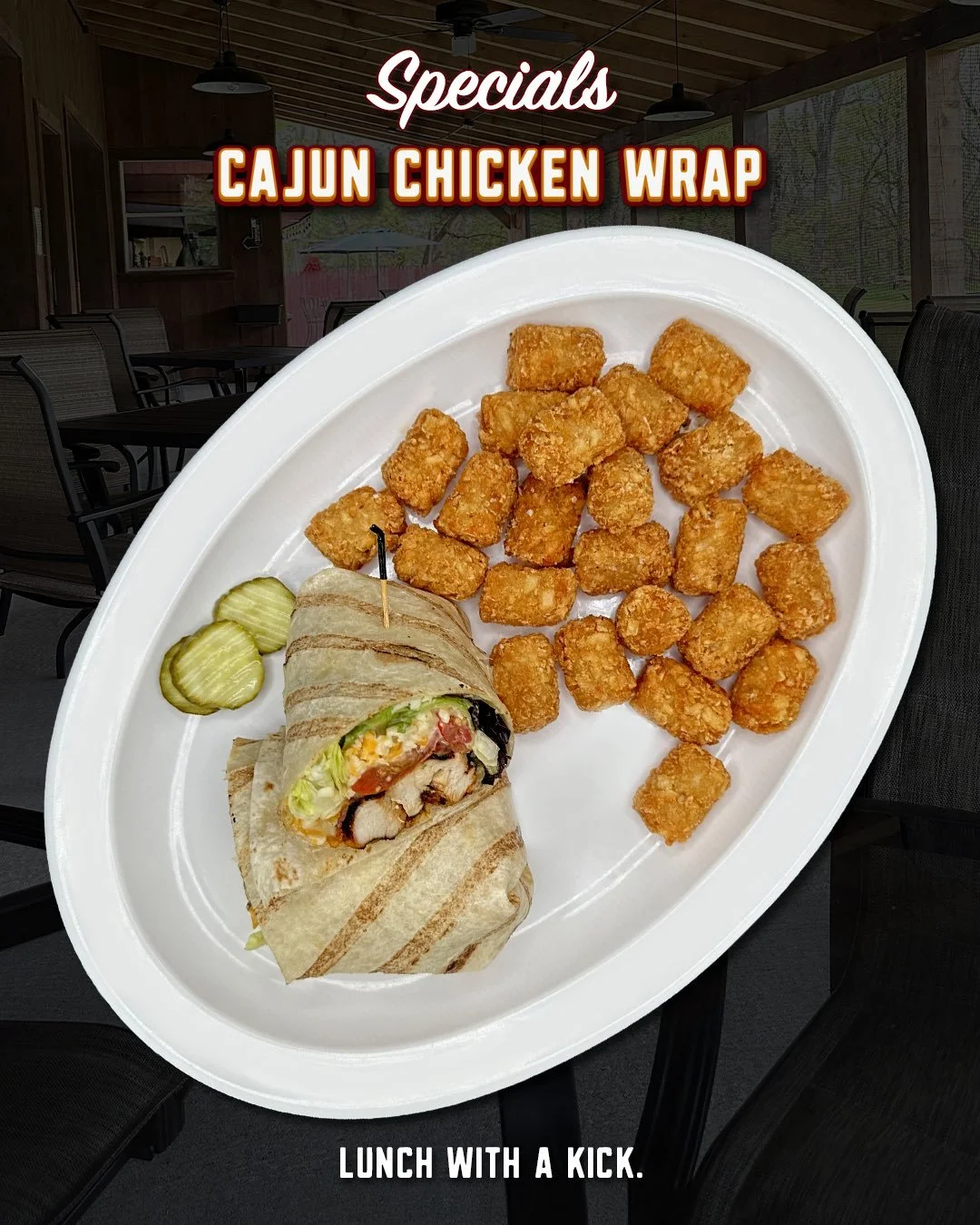The Cajun Chicken Wrap is bringing a little heat to the specials lineup.

Loaded with grilled chicken, mixed greens, Monterey Jack cheese, cherry tomatoes, bacon, jalape&ntilde;os, and ranch, all wrapped up and ready to make lunch a little more inter