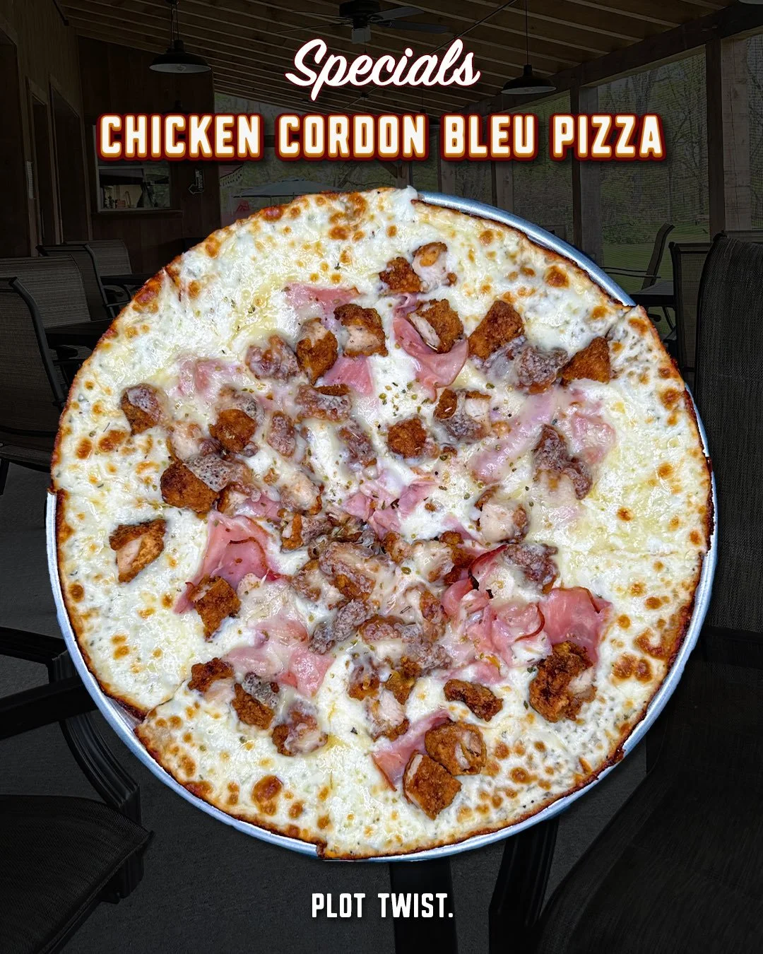 This is the Chicken Cordon Bleu Pizza, and it&rsquo;s every bit as good as it sounds.

Built on an Alfredo base and topped with mozzarella, Swiss cheese, ham, and fried chicken, our current pizza special takes a classic favorite and gives it a new ad