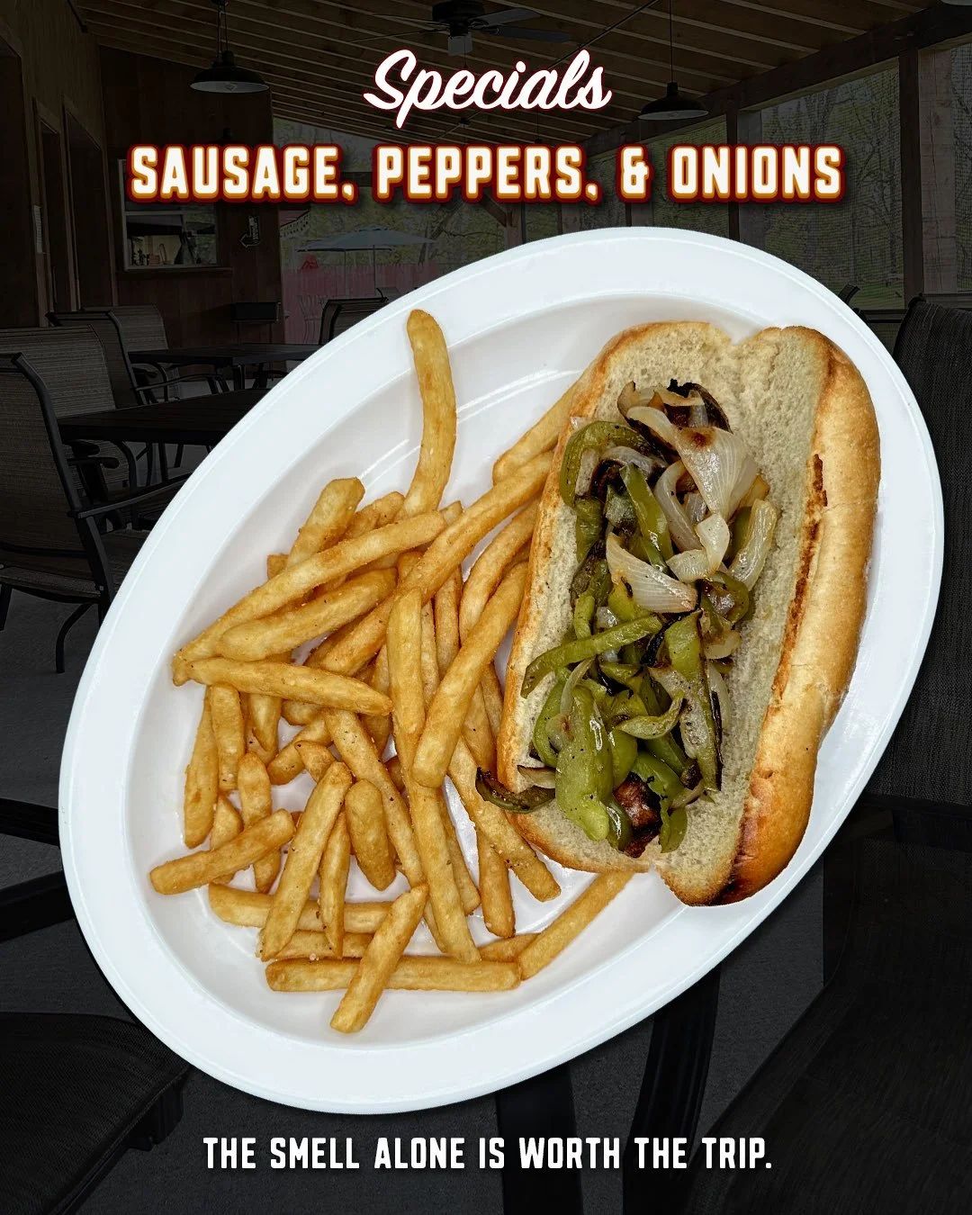 Some specials come and go.

Sausage, Peppers &amp; Onions just keeps proving why it&rsquo;s still around.

Grilled Italian sausage topped with saut&eacute;ed peppers and onions, served on a toasted hoagie roll with your choice of side.

No gimmicks. 