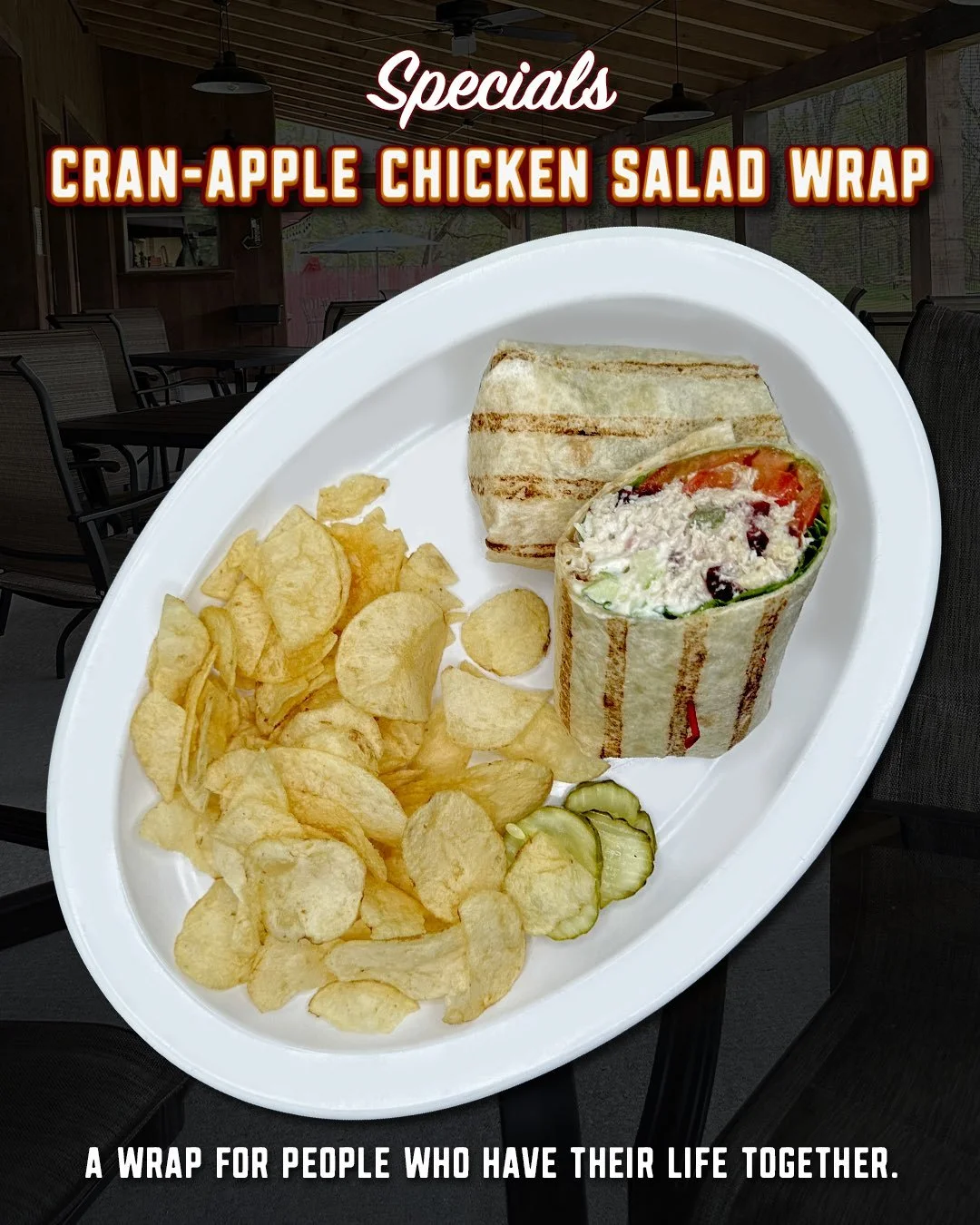 Last call for the Cran-Apple Chicken Salad Wrap 🍎

Today&rsquo;s your final chance to grab this week&rsquo;s special before the menu rotates tomorrow.

Chicken salad with cranberries, apple slices, lettuce, tomato, and mayo wrapped up and served wit
