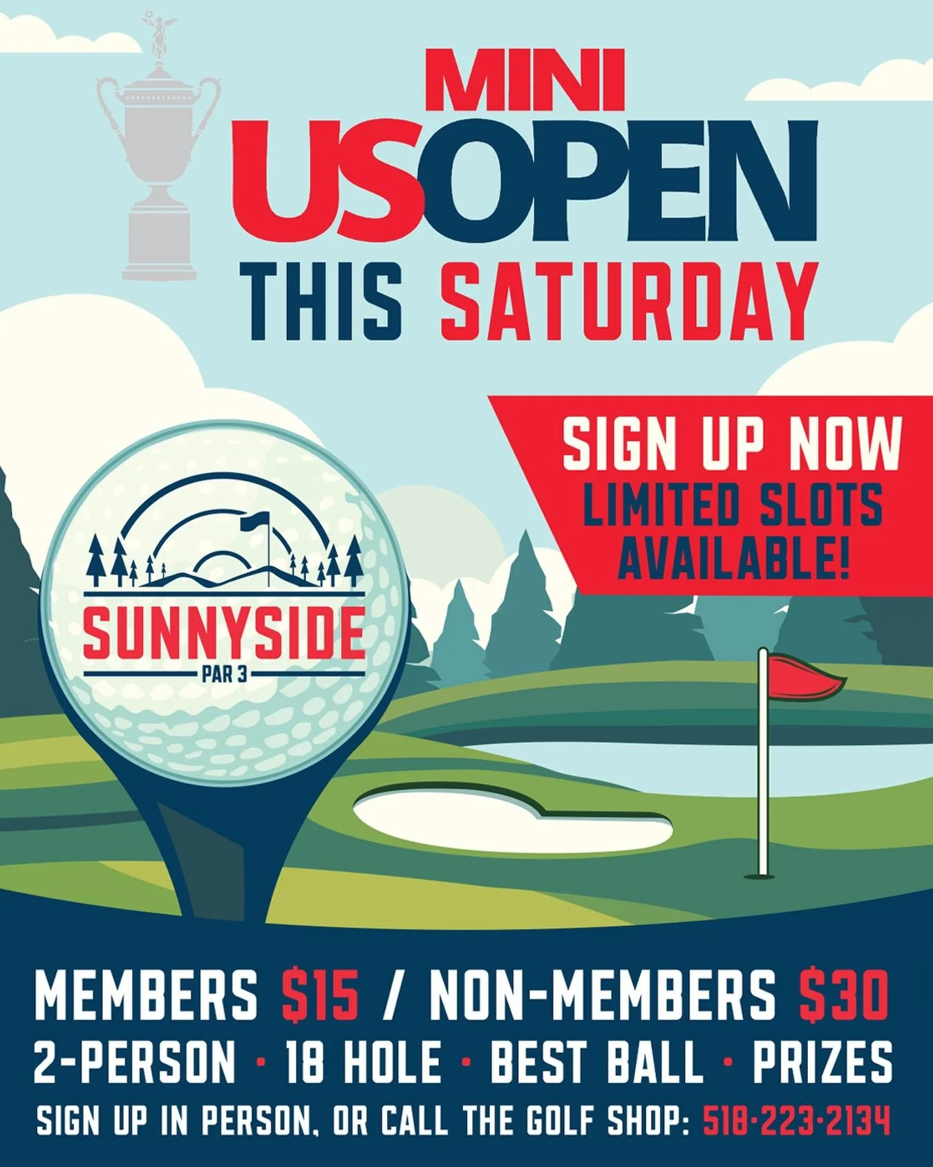 The Mini U.S. Open is this Saturday at Sunnyside Par 3 🇺🇸⛳

Grab a partner and see if you&rsquo;ve got what it takes to survive 18 holes, a little pressure, and whatever your teammate decides to do off the tee.

🏌️ 2-Person Best Ball⛳ 18 Holes🏆 P