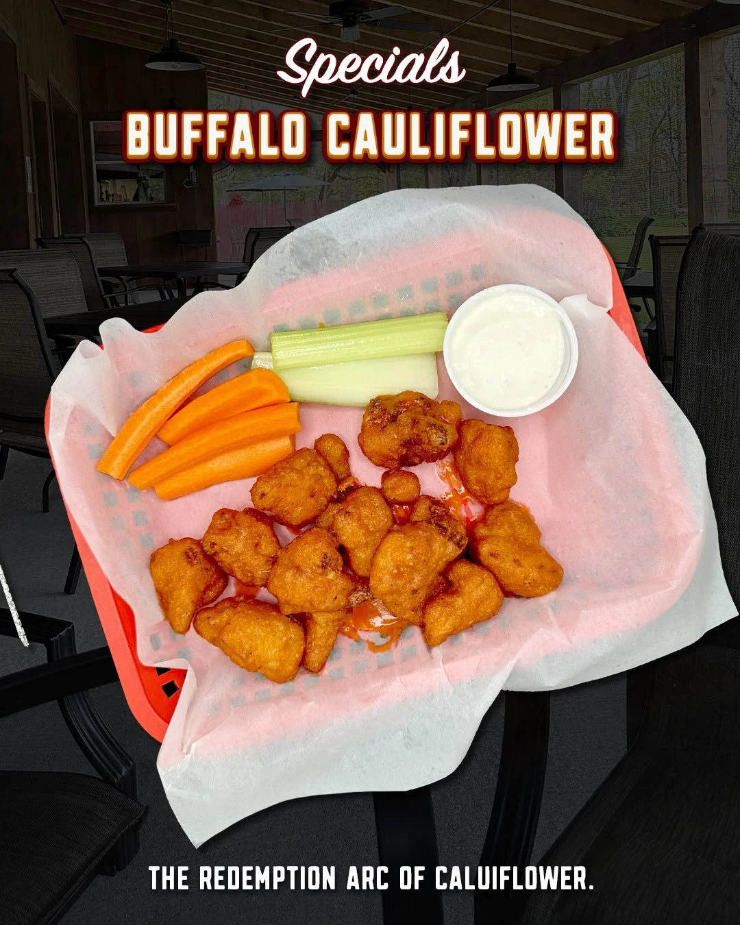 Buffalo Cauliflower is on special this week, and once again cauliflower is trying very hard to convince everyone it&rsquo;s the most interesting thing on the menu.

Fried battered cauliflower tossed in buffalo sauce and served with your choice of blu