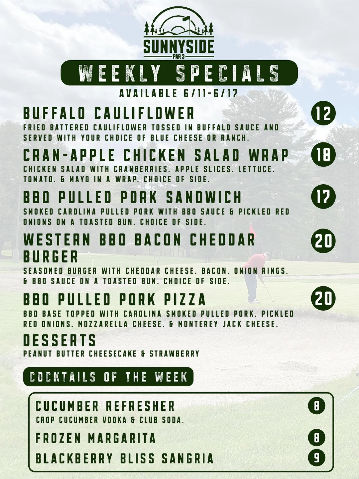 New specials are up at the Par ⛳️

🌶️ Buffalo Cauliflower (proof that vegetables can have a wild side)
🍎 Cran-Apple Chicken Salad Wrap (trying to be responsible never tasted this good)
🐷 BBQ Pulled Pork Sandwich (smoked, sauced, and ready for busi