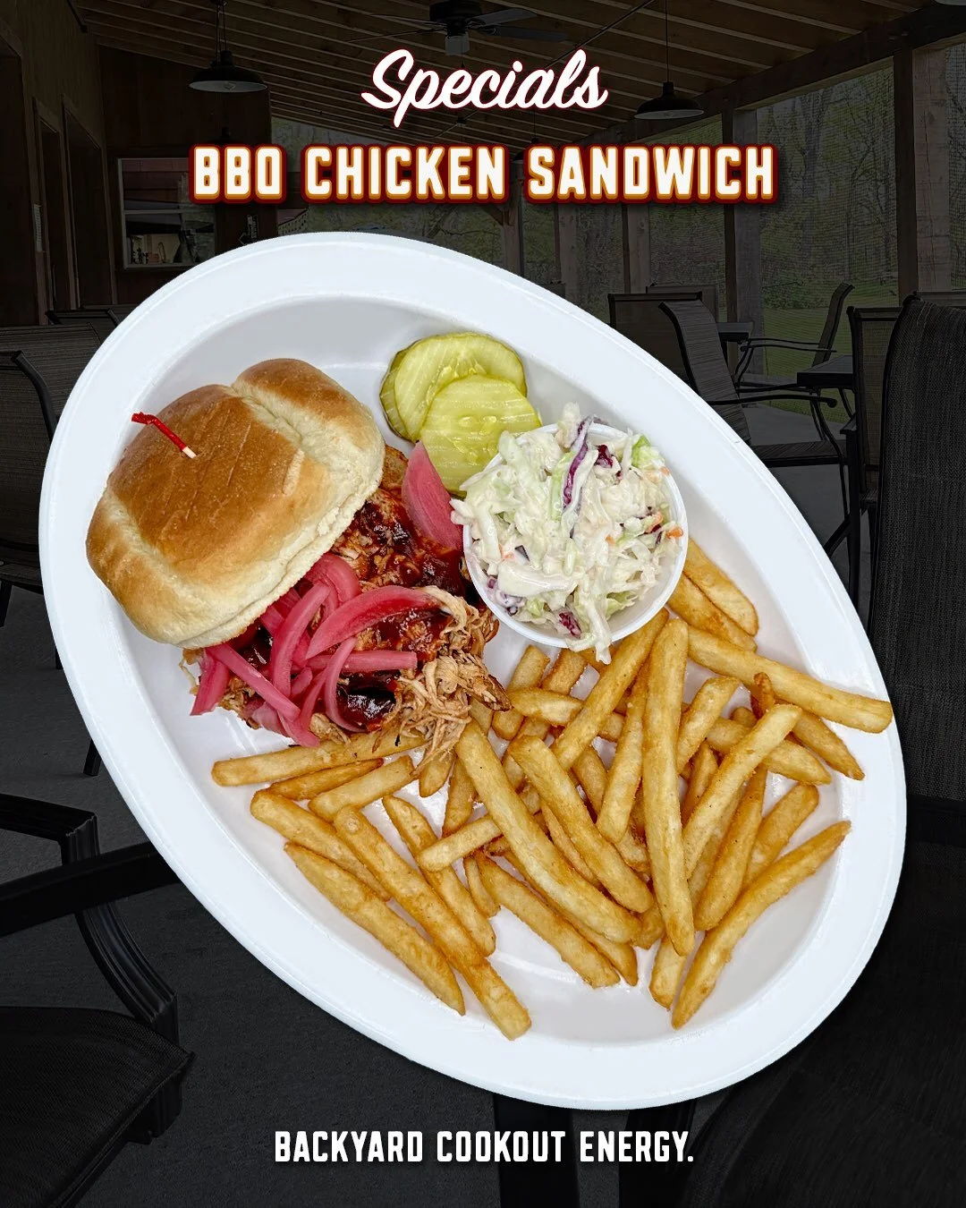 Some sandwiches try to do too much.

This one just does everything right.

Our BBQ Chicken Sandwich is stacked with tender BBQ pulled chicken, pickled red onions, and served with a side of creamy coleslaw for the perfect balance of smoky, tangy, and 