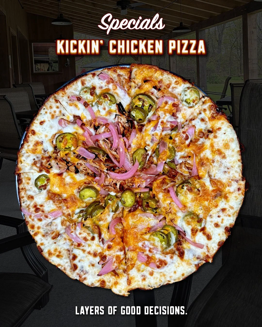 Built on a BBQ base and topped with mozzarella, Monterey Jack, BBQ pulled chicken, pickled red onions, and jalape&ntilde;os, it&rsquo;s the perfect mix of smoky, cheesy, tangy, and just the right amount of heat.

Whether you&rsquo;re stopping in afte