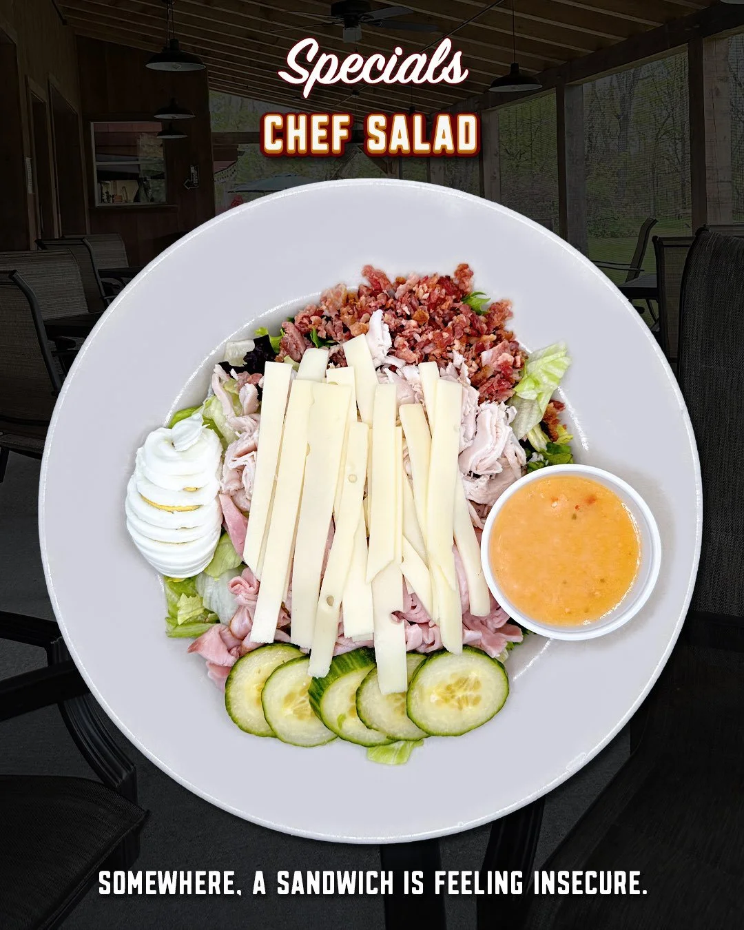 Ordering a salad doesn&rsquo;t have to feel like a compromise.

Our Chef Salad is piled high with turkey, ham, Swiss cheese, bacon, hard-boiled egg, cucumbers, and fresh mixed greens, served with your choice of dressing.

It&rsquo;s fresh, filling, a