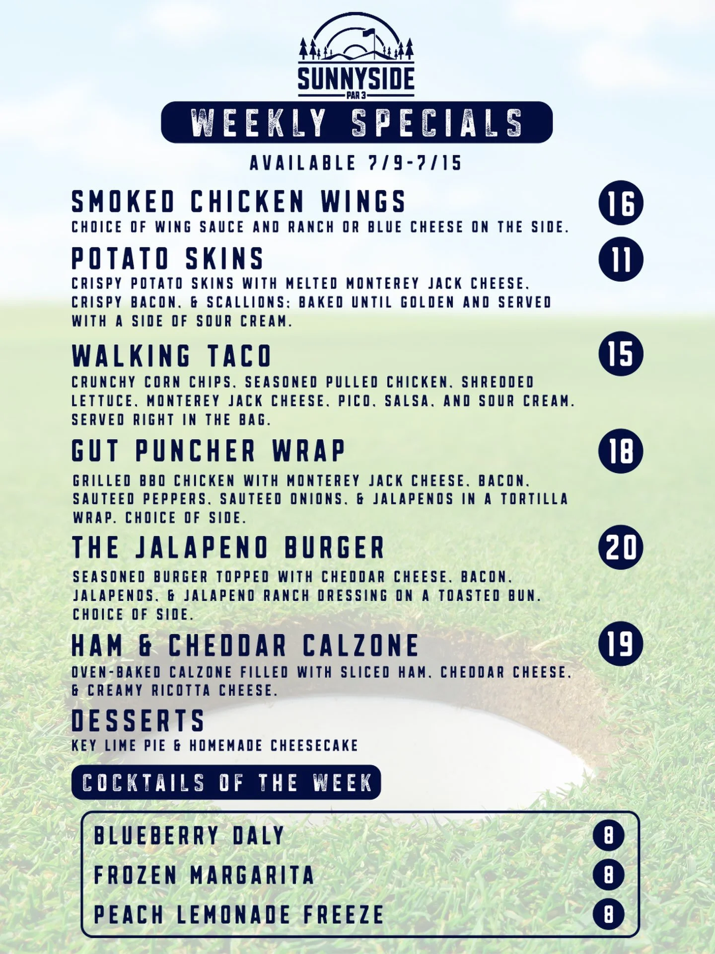 Fresh specials are here, and this week&rsquo;s lineup might be our most fun yet. ⛳

Here&rsquo;s what&rsquo;s on deck:

🥔 Potato Skins (crispy, cheesy, bacon-loaded goodness)
🌮 Walking Taco (because tacos don&rsquo;t always need a plate)
🌯 Gut Pun