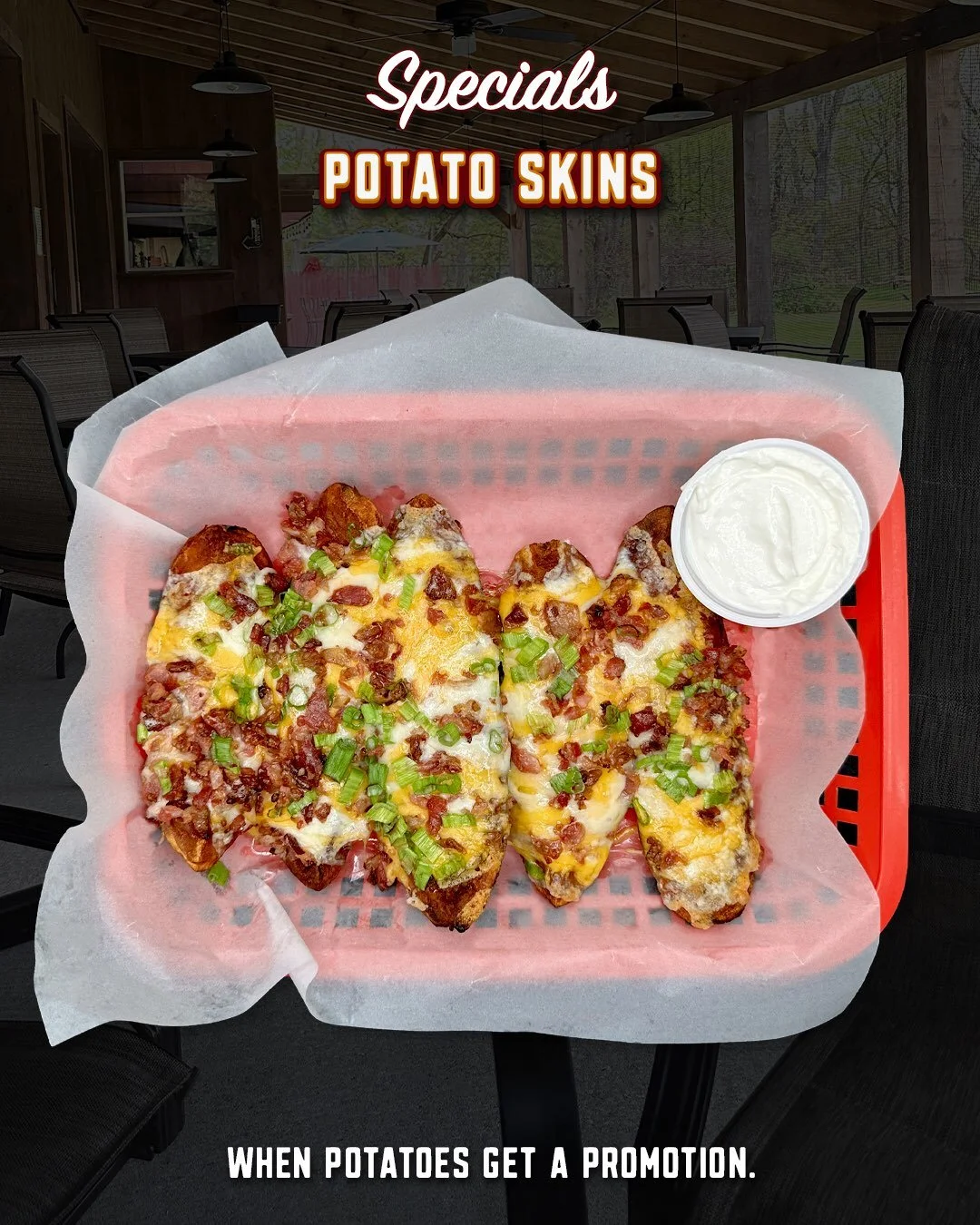 A baked potato is fine.

But at some point, somebody looked at one and said, &ldquo;What if we got rid of most of the potato and filled the rest with cheese and bacon?&rdquo;

That person deserves our respect. 🥔🫡

Our Potato Skins are baked until g