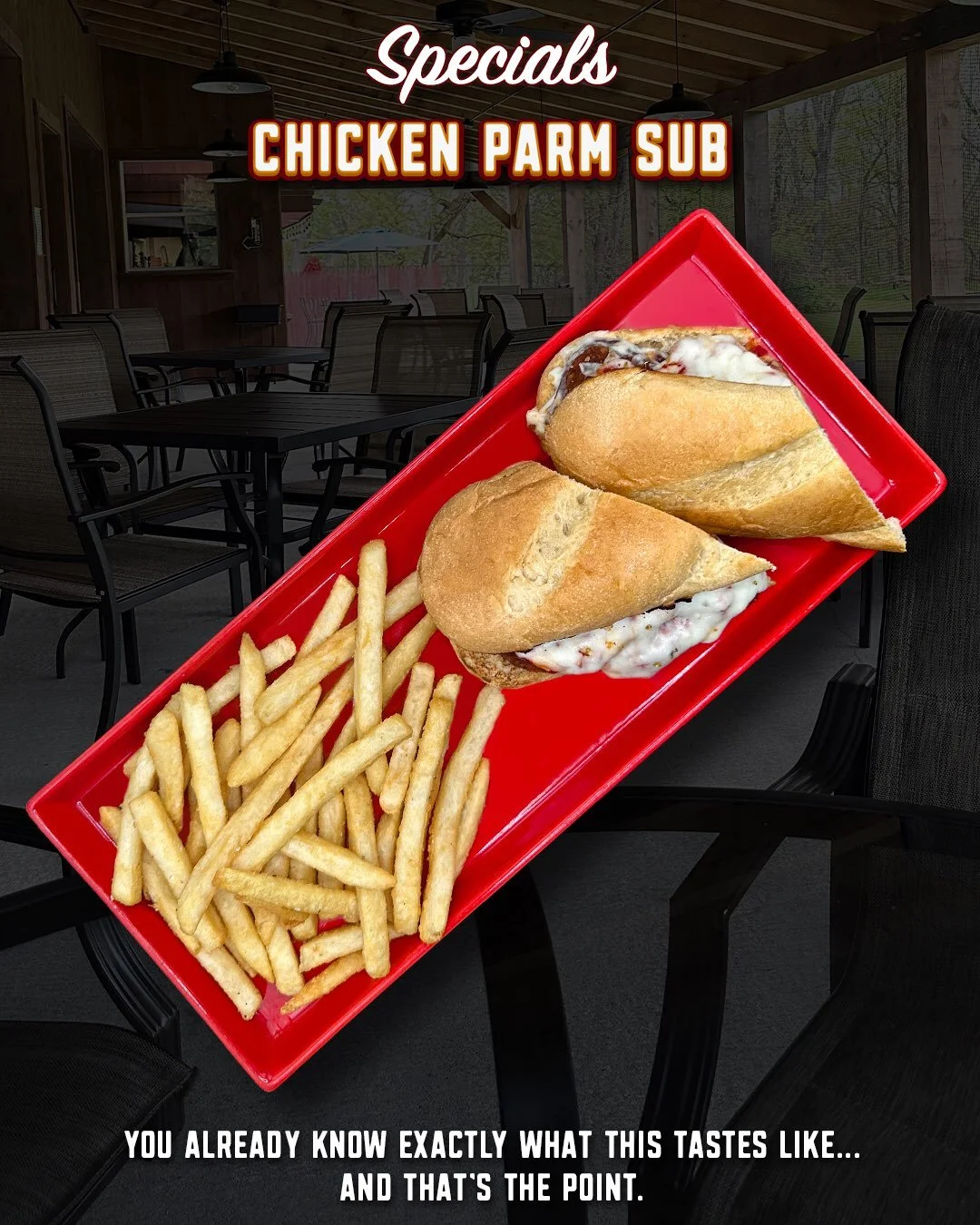 Some meals don&rsquo;t need reinventing.

Our Chicken Parm Sub keeps it simple: a crispy fried chicken cutlet topped with marinara, melted mozzarella, and served on a toasted hoagie roll with your choice of side.

It&rsquo;s the kind of special that 