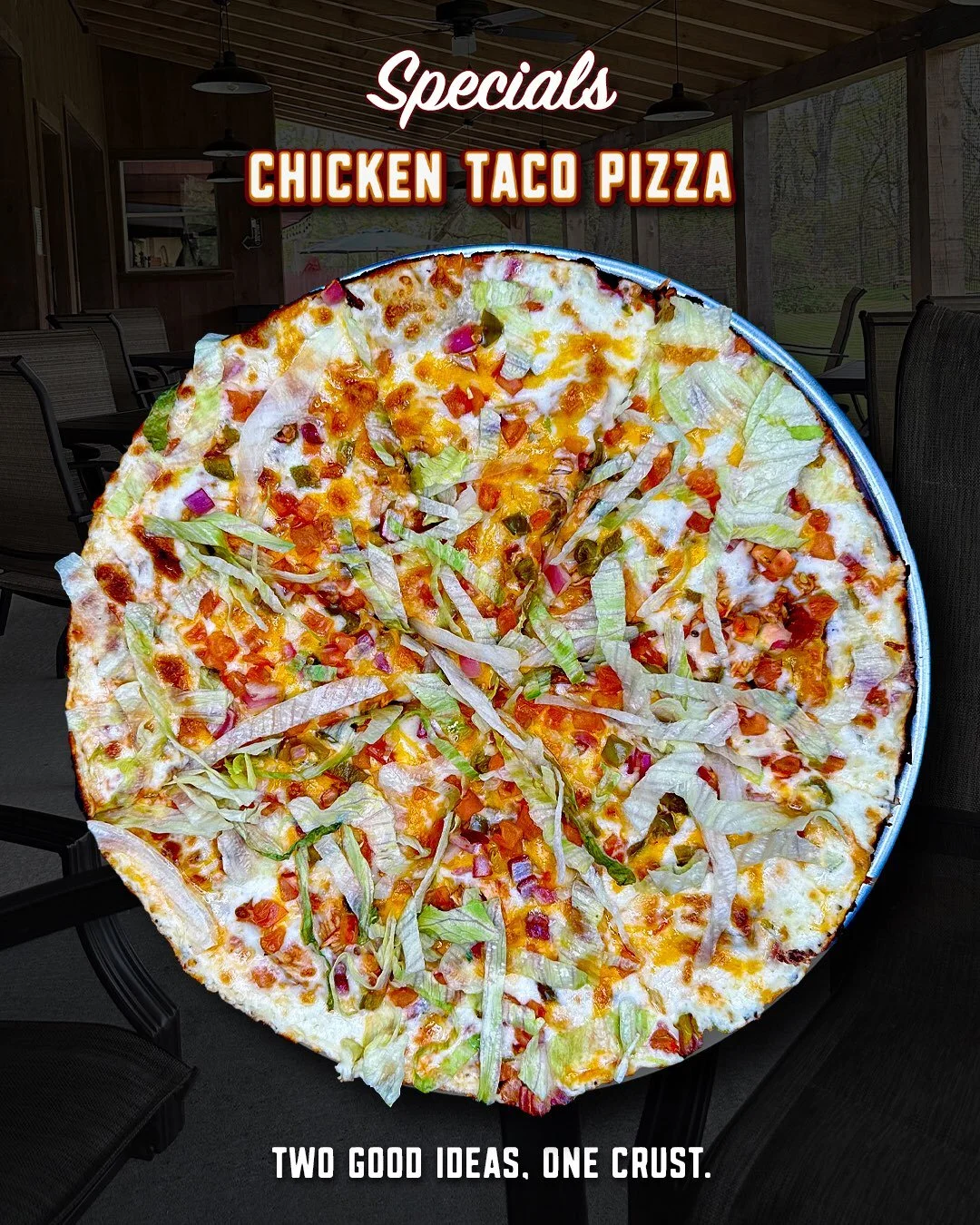 The Chicken Taco Pizza is back! 🌮🍕

Salsa base, seasoned taco chicken, mozzarella, Monterey Jack, pico, and shredded lettuce stacked onto one very solid excuse to order pizza tonight.

Somewhere between taco night and pizza night&hellip; this happe