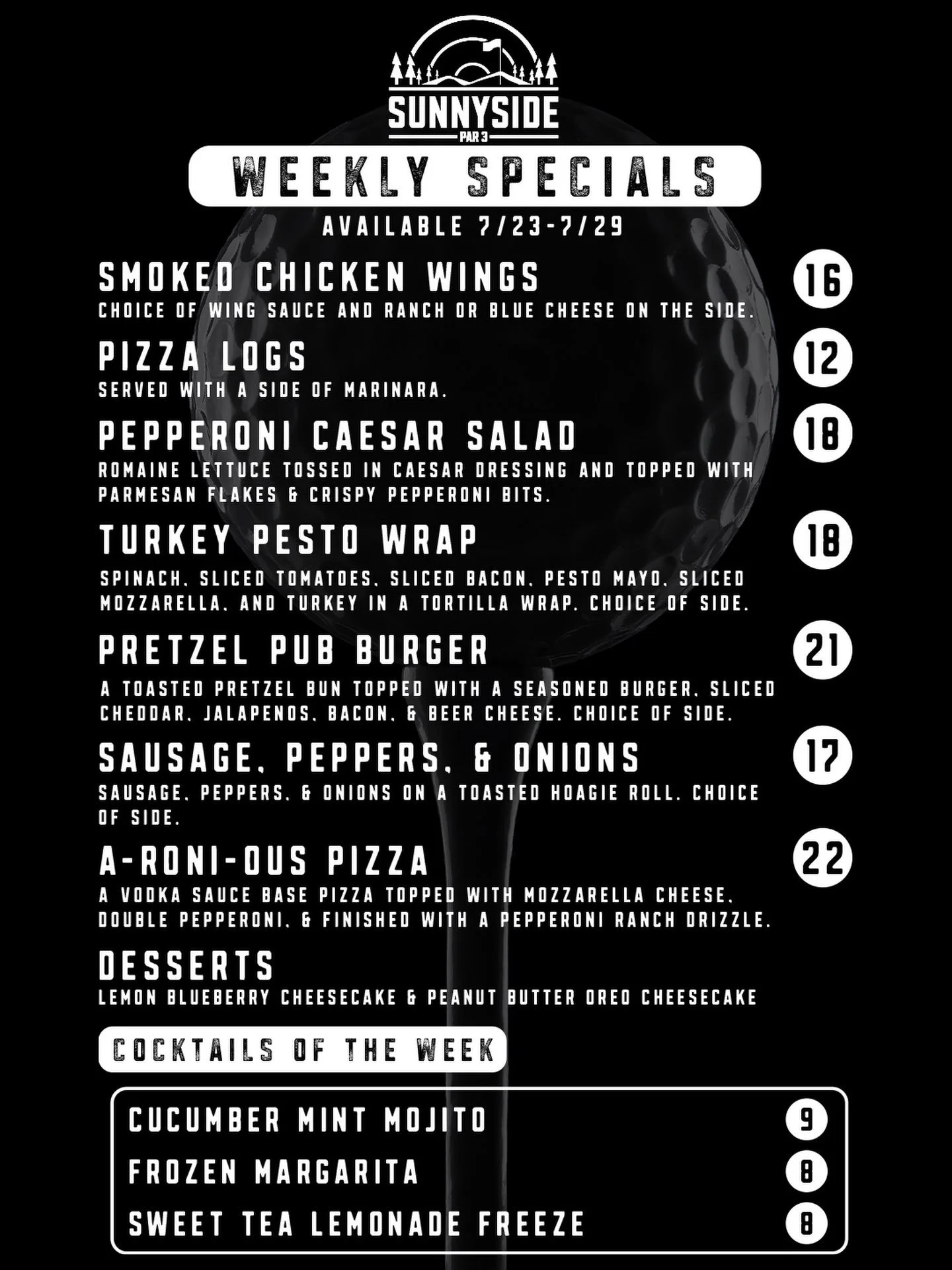 A new week means a whole new reason to stop by the Par. 🍽️⛳

This week&rsquo;s lineup is packed with everything from comfort food favorites to a few fresh twists.

🔥 Smoked Chicken Wings
🍕 Pizza Logs
🥗 Pepperoni Caesar Salad
🌯 Turkey Pesto Wrap
