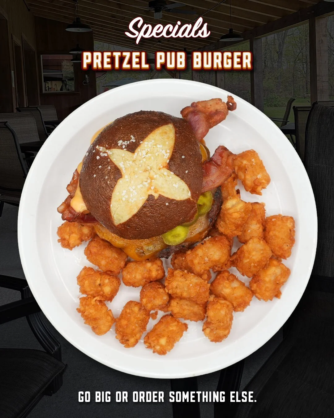 The Pretzel Pub Burger was made to make lunch the best part of your day.

It starts with a seasoned burger on a toasted pretzel bun, then gets stacked with sliced cheddar, crispy bacon, jalape&ntilde;os, and warm beer cheese. Every bite hits a little
