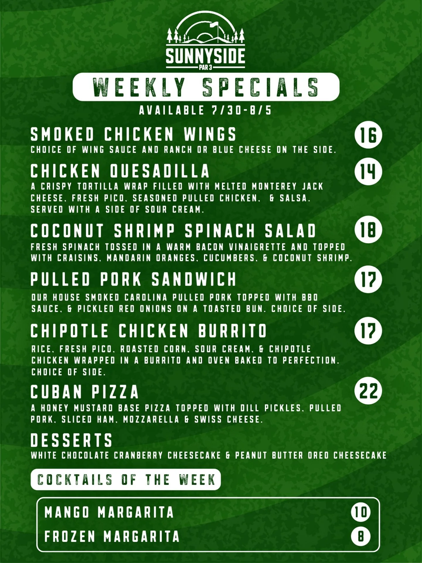 Fresh week. Fresh specials. Same reason to make a stop at the Par.

This week&rsquo;s lineup has a little bit of everything:

🌮 Chicken Quesadilla loaded with seasoned pulled chicken, Monterey Jack, fresh pico, salsa, and sour cream.

🥗 Coconut Shr