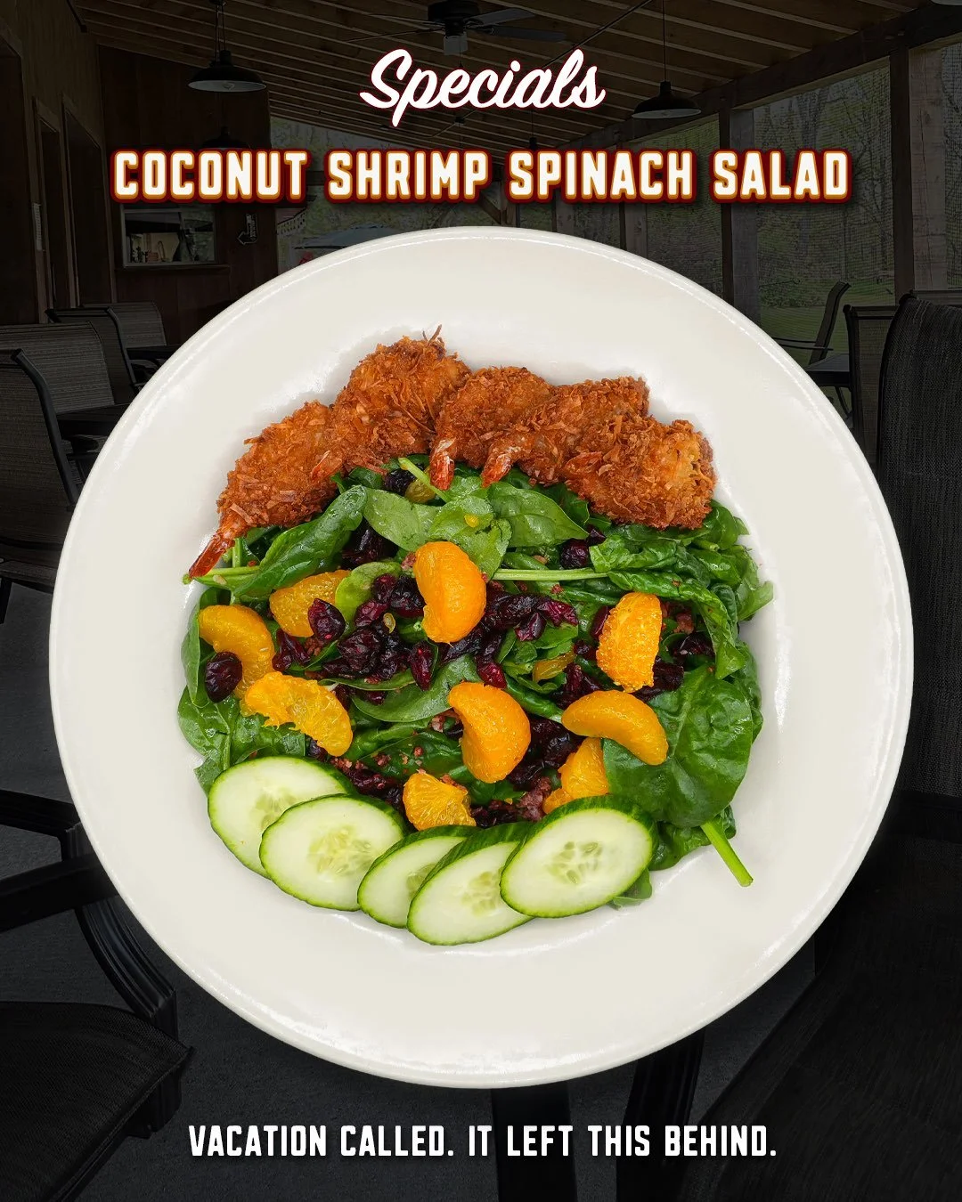 Our Coconut Shrimp Spinach Salad starts with fresh spinach tossed in a warm bacon vinaigrette, then gets topped with juicy mandarin oranges, crisp cucumbers, sweet craisins, and crispy coconut shrimp for the perfect mix of fresh, sweet, and savory.

