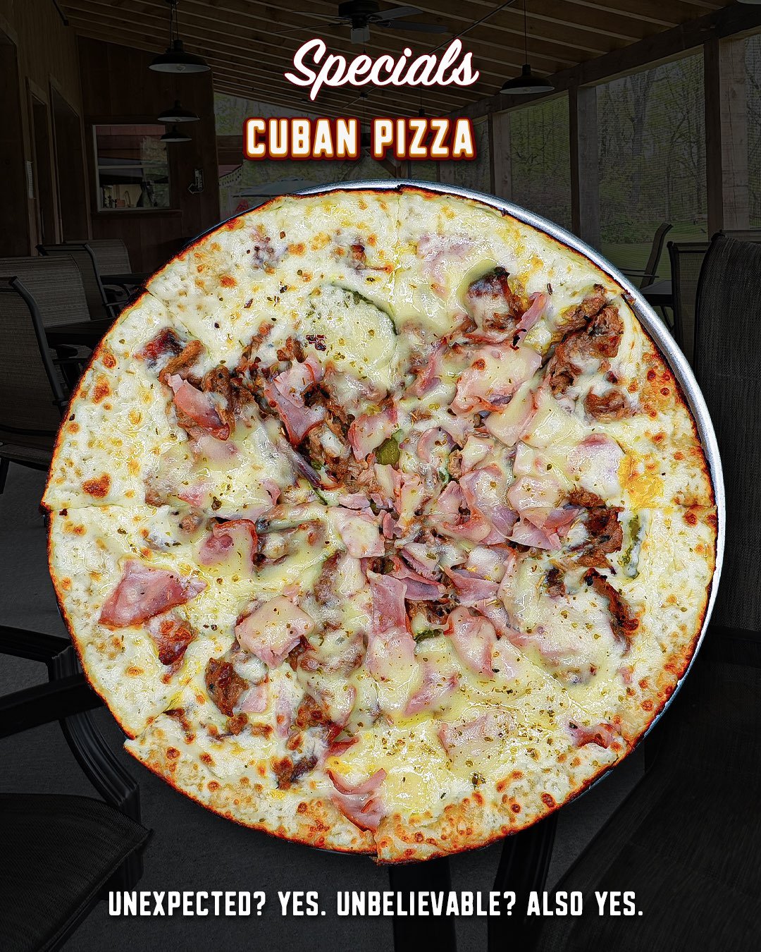 Honey mustard.

Pulled pork.

Ham.

Swiss.

Mozzarella.

Pickles.

On paper, it sounds like a gamble. Out of the oven, it tastes like a winner.

Our Cuban Pizza takes everything you&rsquo;d love about a classic Cuban sandwich and turns it into a slic