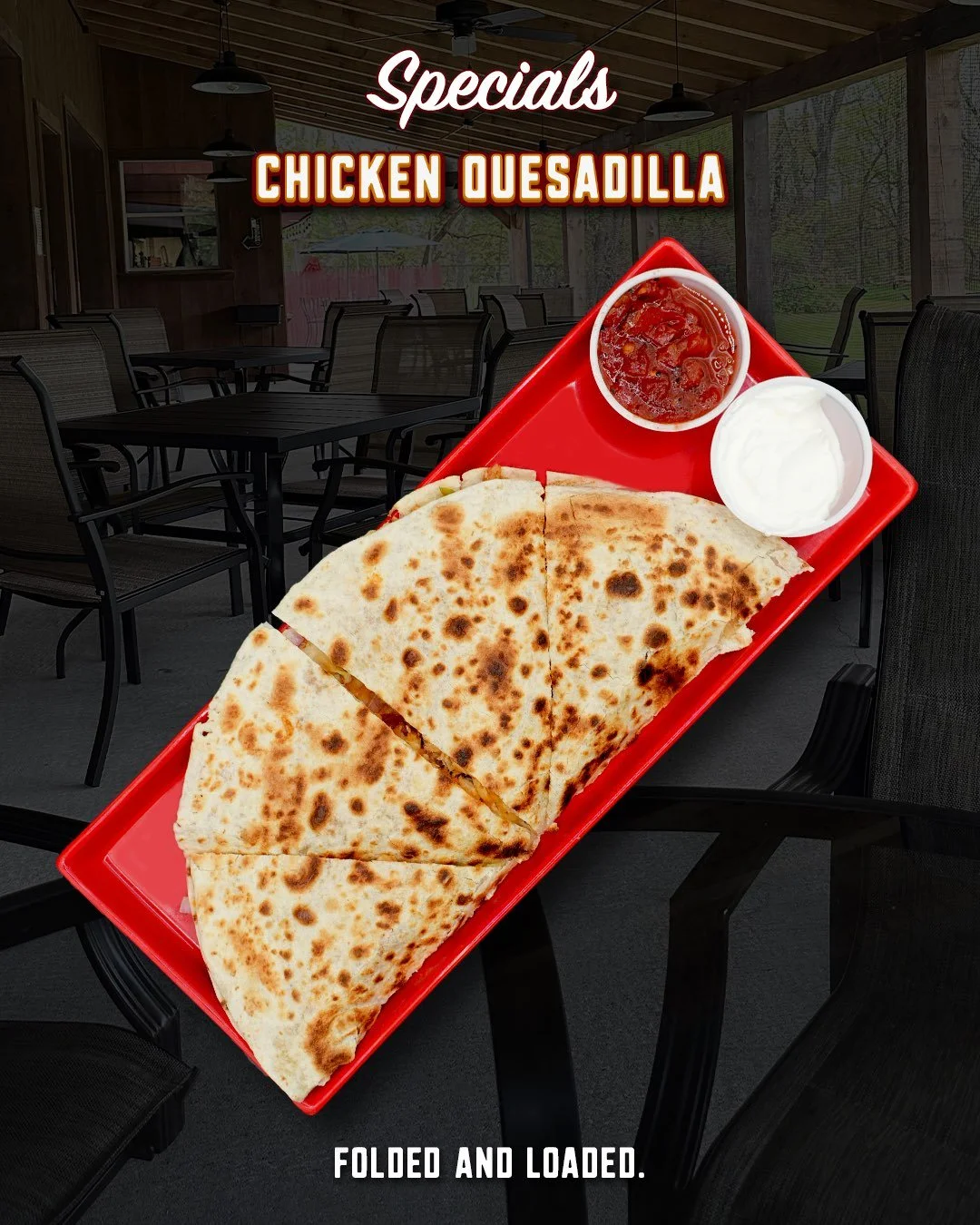 Our Chicken Quesadilla starts with a crispy grilled tortilla packed with seasoned pulled chicken and melted Monterey Jack cheese, then comes with fresh pico, salsa, and sour cream on the side.

Simple ingredients. Great payoff.

It&rsquo;s hot off th