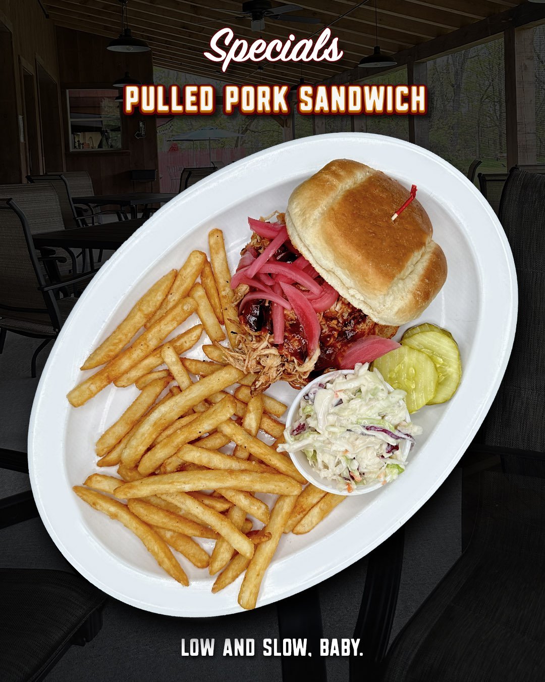 Good barbecue has one ingredient you can&rsquo;t fake.

Time.

Our Pulled Pork Sandwich starts with house-smoked Carolina pulled pork that&rsquo;s cooked low and slow, then gets finished with BBQ sauce and pickled red onions on a toasted roll.

The r