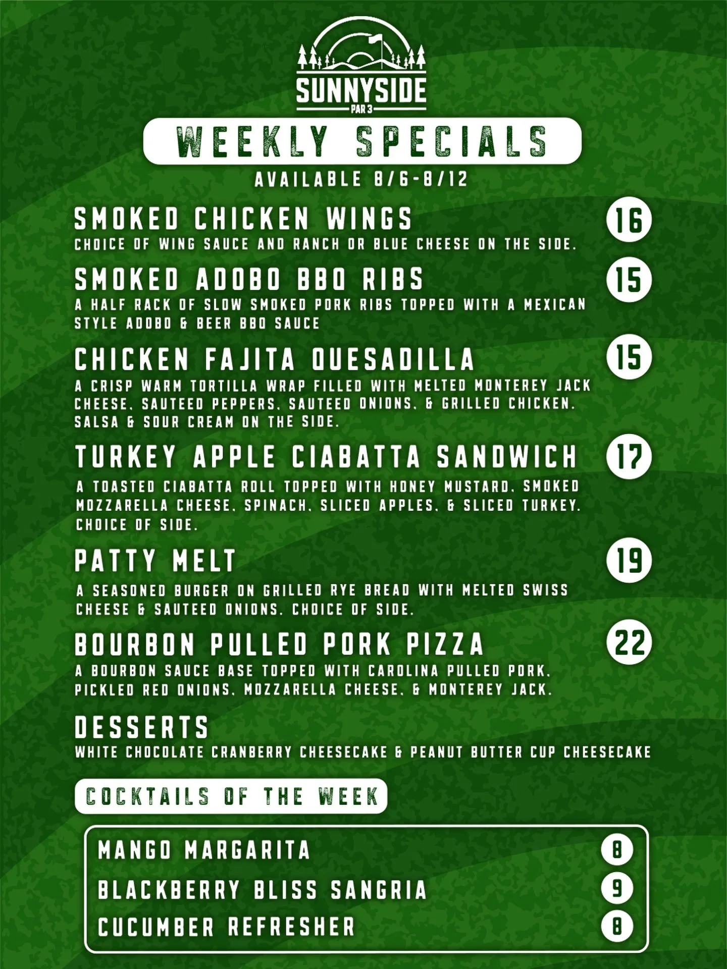 This week&rsquo;s specials are rolling in with a lineup that&rsquo;s hard to ignore:

🔥 Smoked Adobo BBQ Ribs
🌮 Chicken Fajita Quesadilla
🥪 Turkey Apple Ciabatta Sandwich
🍔 Patty Melt
🍕 Bourbon Pulled Pork Pizza

Plus, our Smoked Chicken Wings a