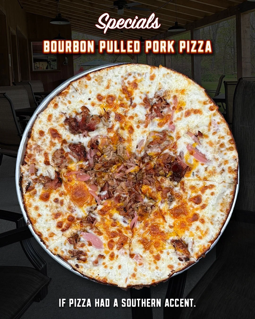 Apparently pulled pork was tired of being served on a bun.

Our Bourbon Pulled Pork Pizza starts with a bourbon sauce base and gets loaded with Carolina pulled pork, pickled red onions, mozzarella, and Monterey Jack.

Smoky pork, tangy onions, plenty